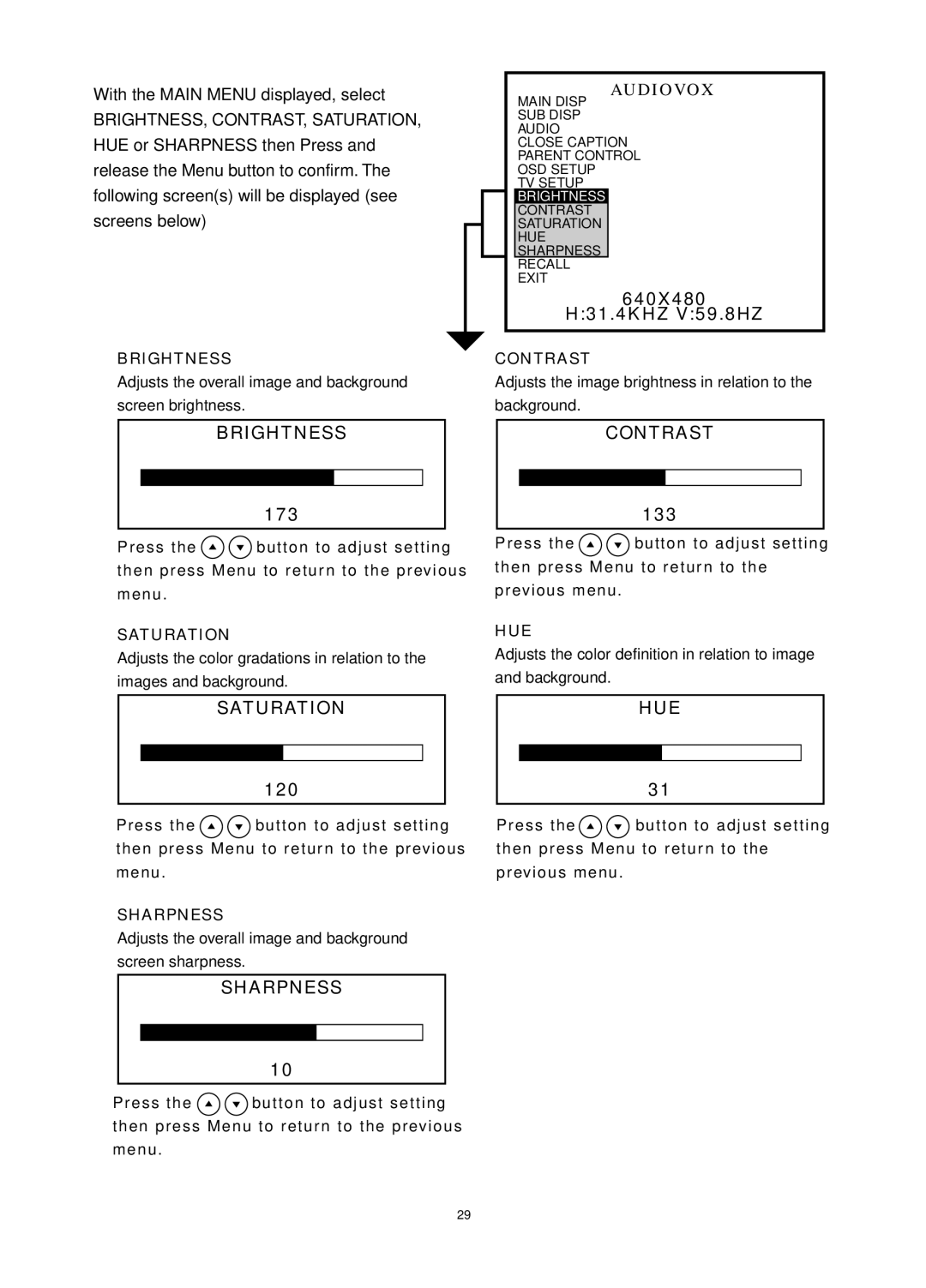 Audiovox FP1520 operating instructions Brightness 