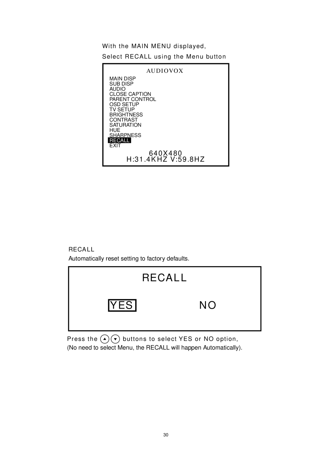 Audiovox FP1520 operating instructions Recall YES 