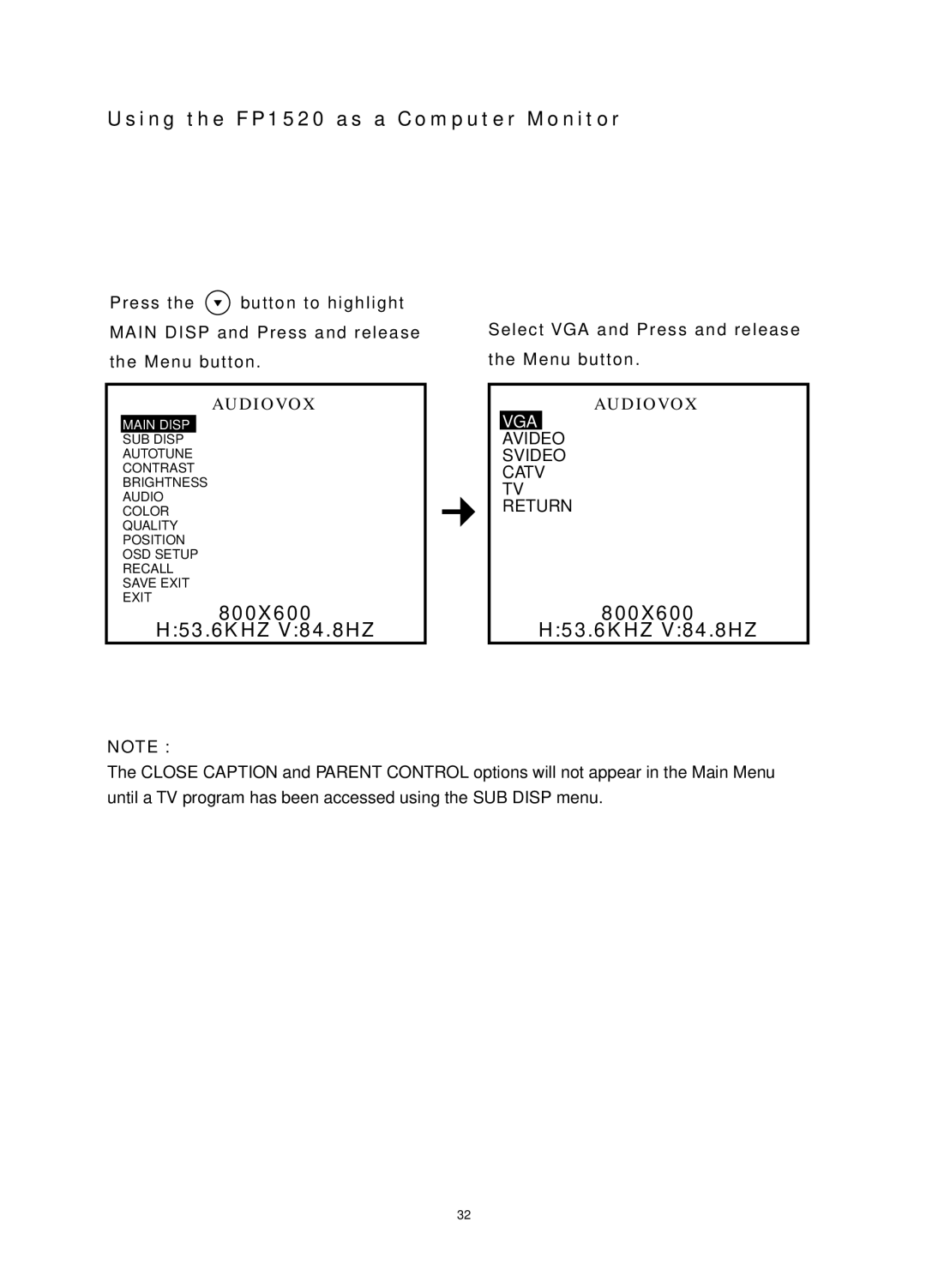 Audiovox operating instructions Using the FP1520 as a Computer Monitor, Main Disp 