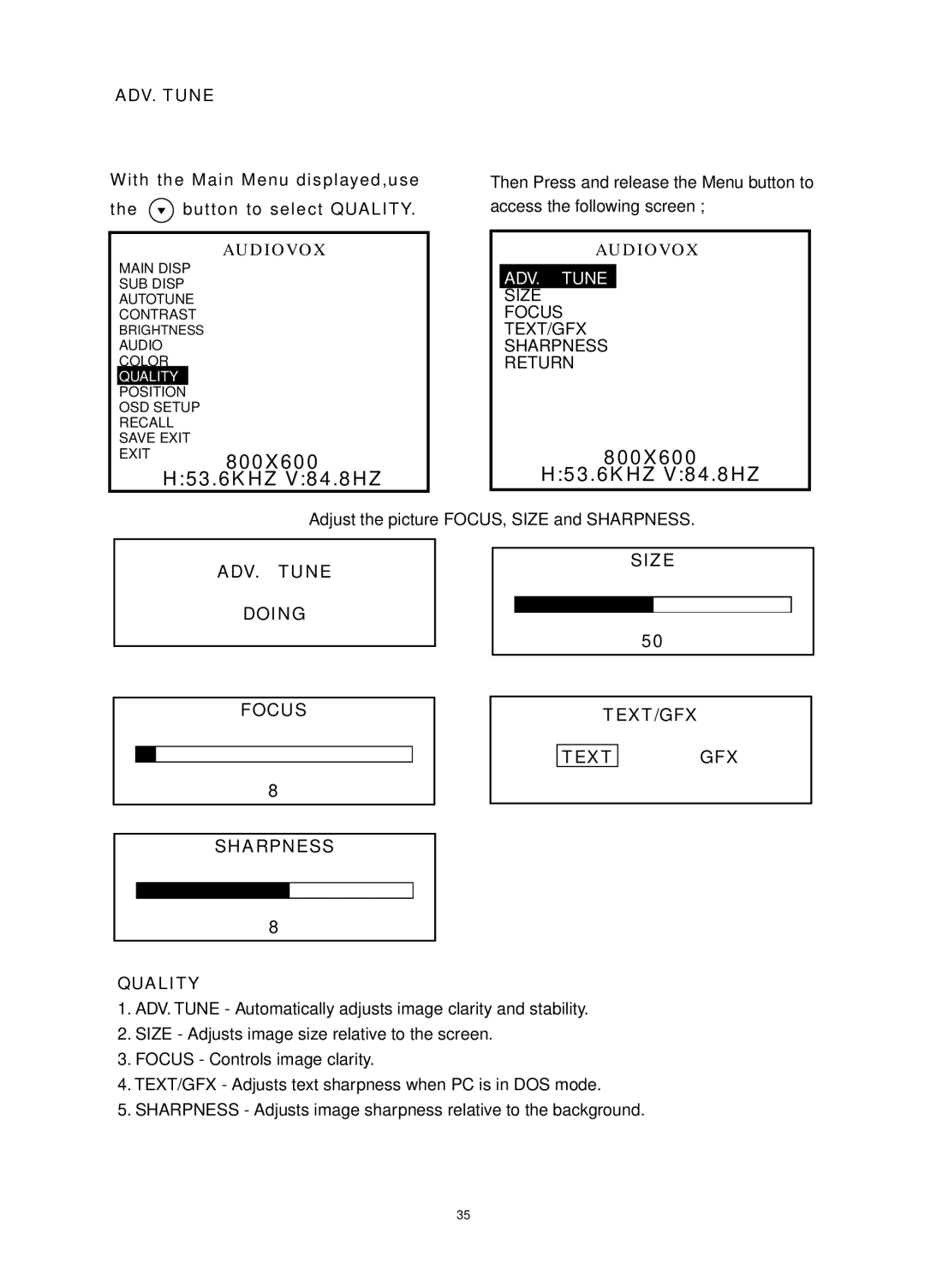 Audiovox FP1520 operating instructions ADV. Tune Doing Focus Sharpness Size TEXT/GFX Text Quality 