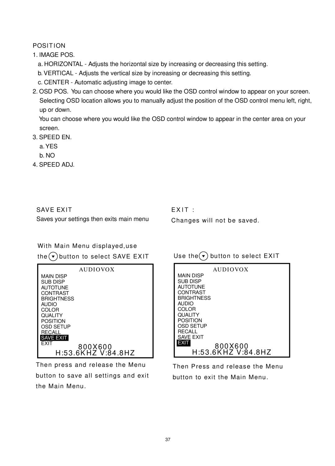 Audiovox FP1520 operating instructions Position, Save Exit 