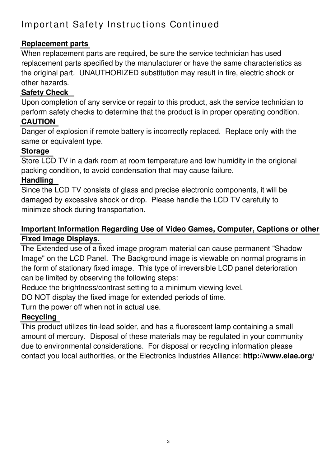 Audiovox FP1520 operating instructions Replacement parts, Safety Check, Storage, Handling, Recycling 