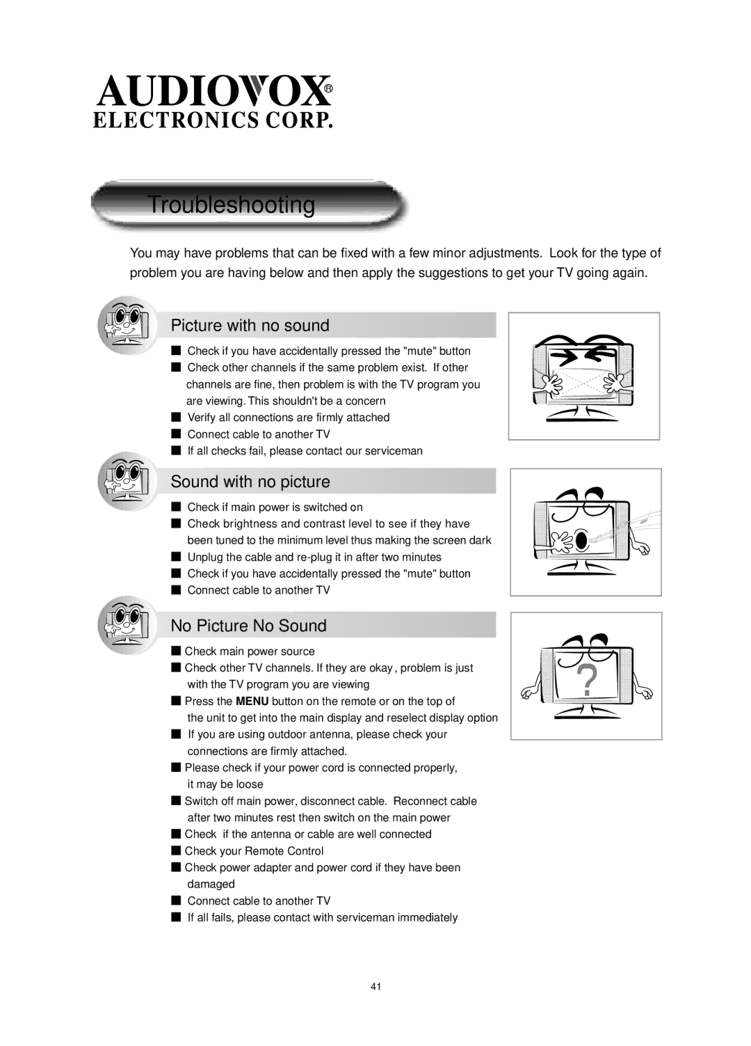 Audiovox FP1520 operating instructions Picture with no sound 