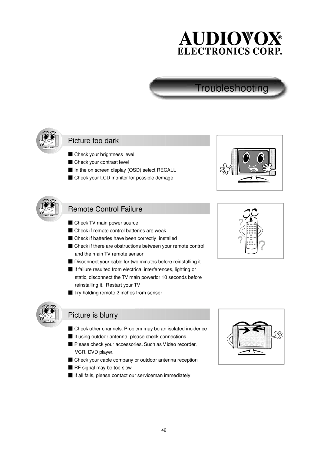 Audiovox FP1520 operating instructions Picture too dark 