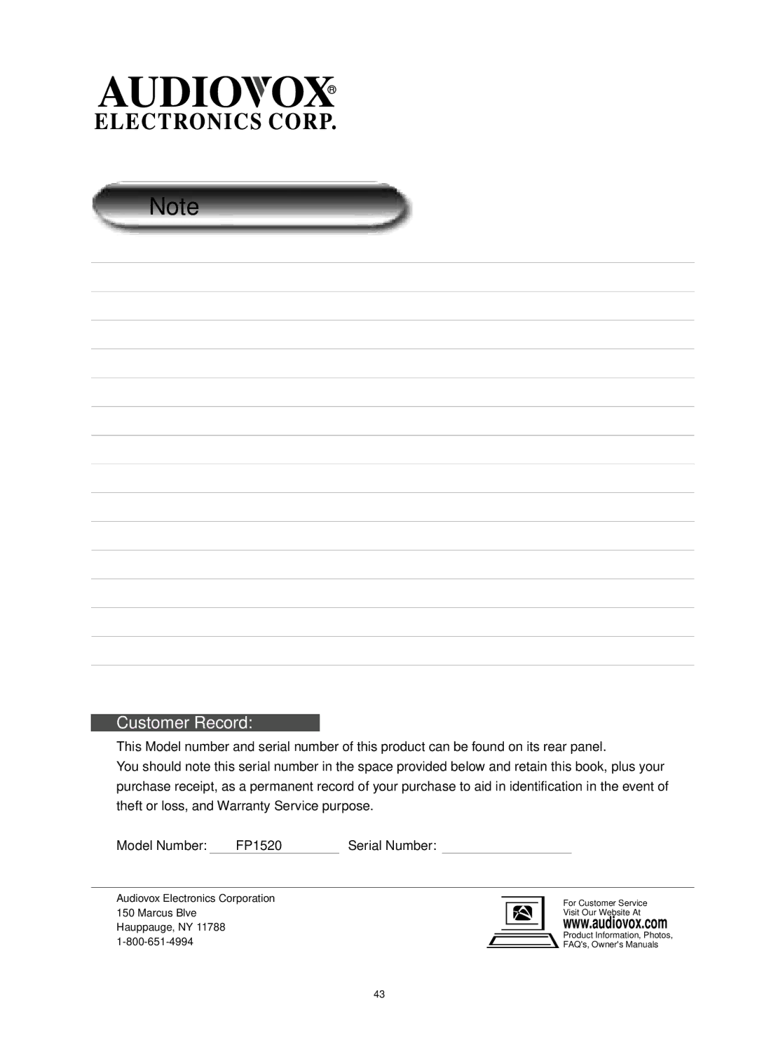 Audiovox FP1520 operating instructions Customer Record 