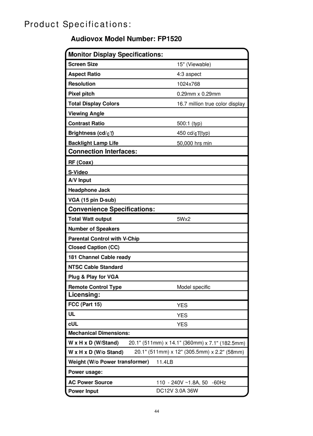 Audiovox FP1520 operating instructions Product Specifications 