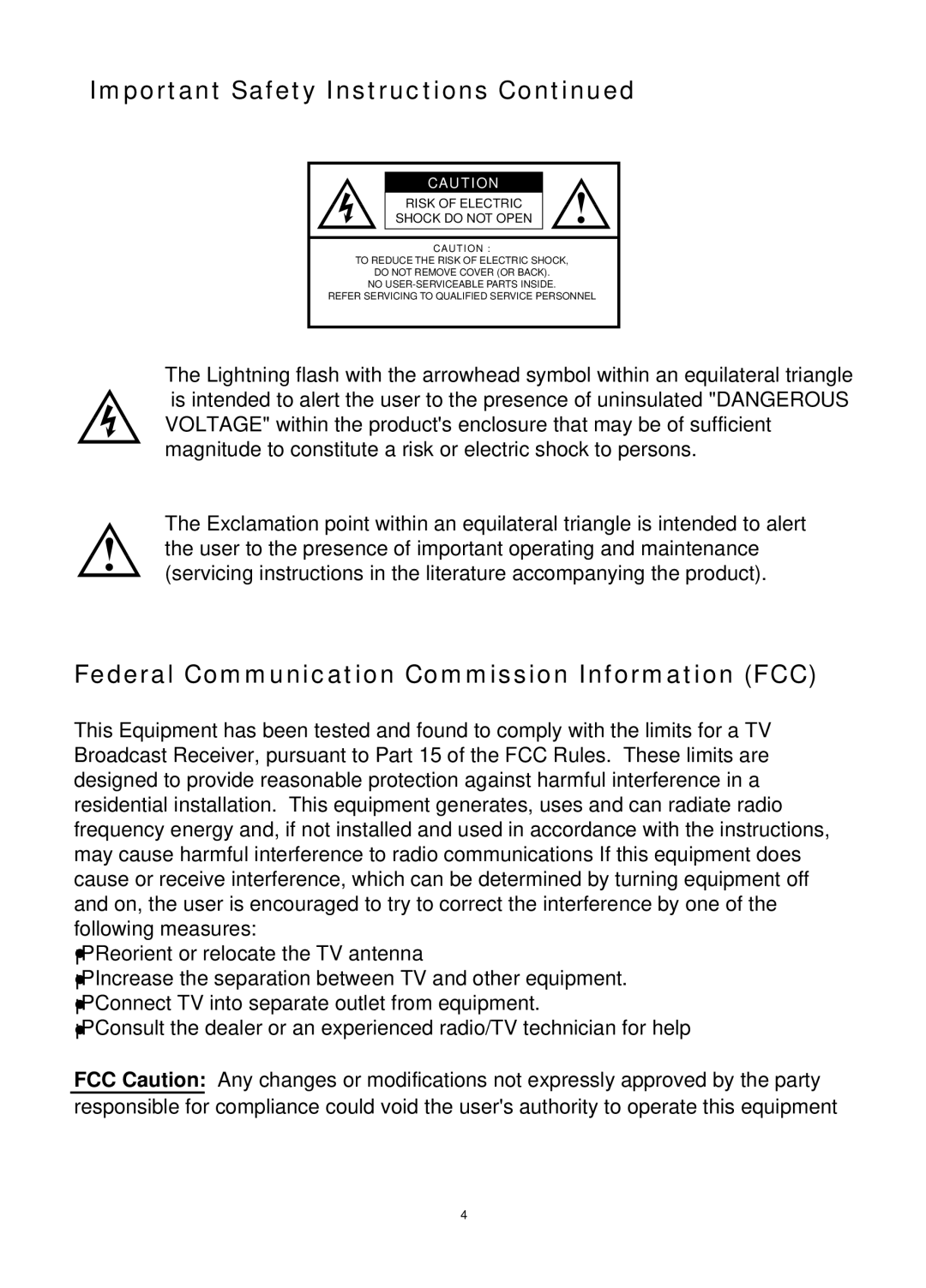 Audiovox FP1520 operating instructions Federal Communication Commission Information FCC 