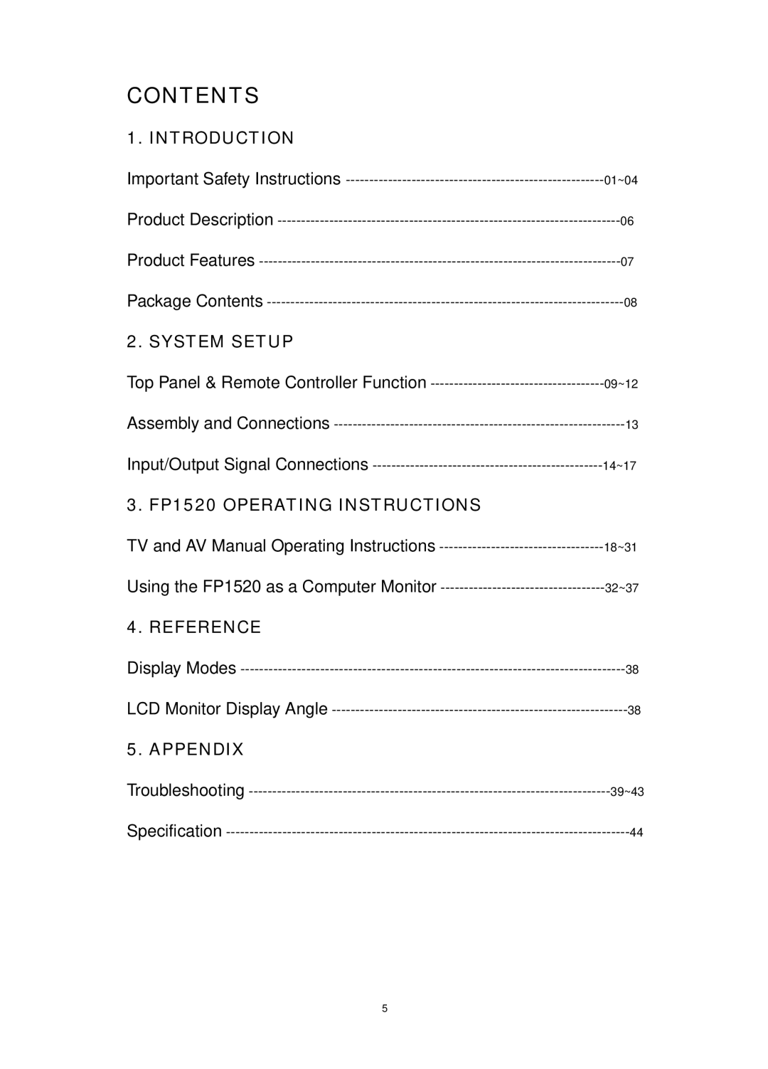 Audiovox FP1520 operating instructions Contents 