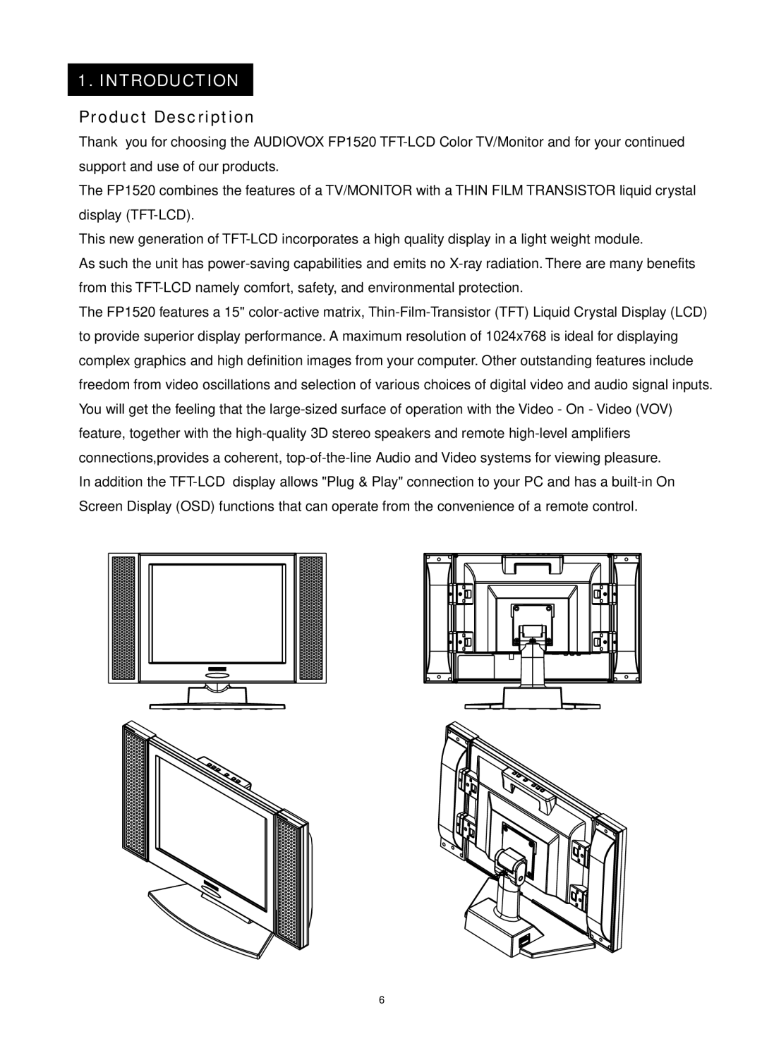 Audiovox FP1520 operating instructions Introduction, Product Description 