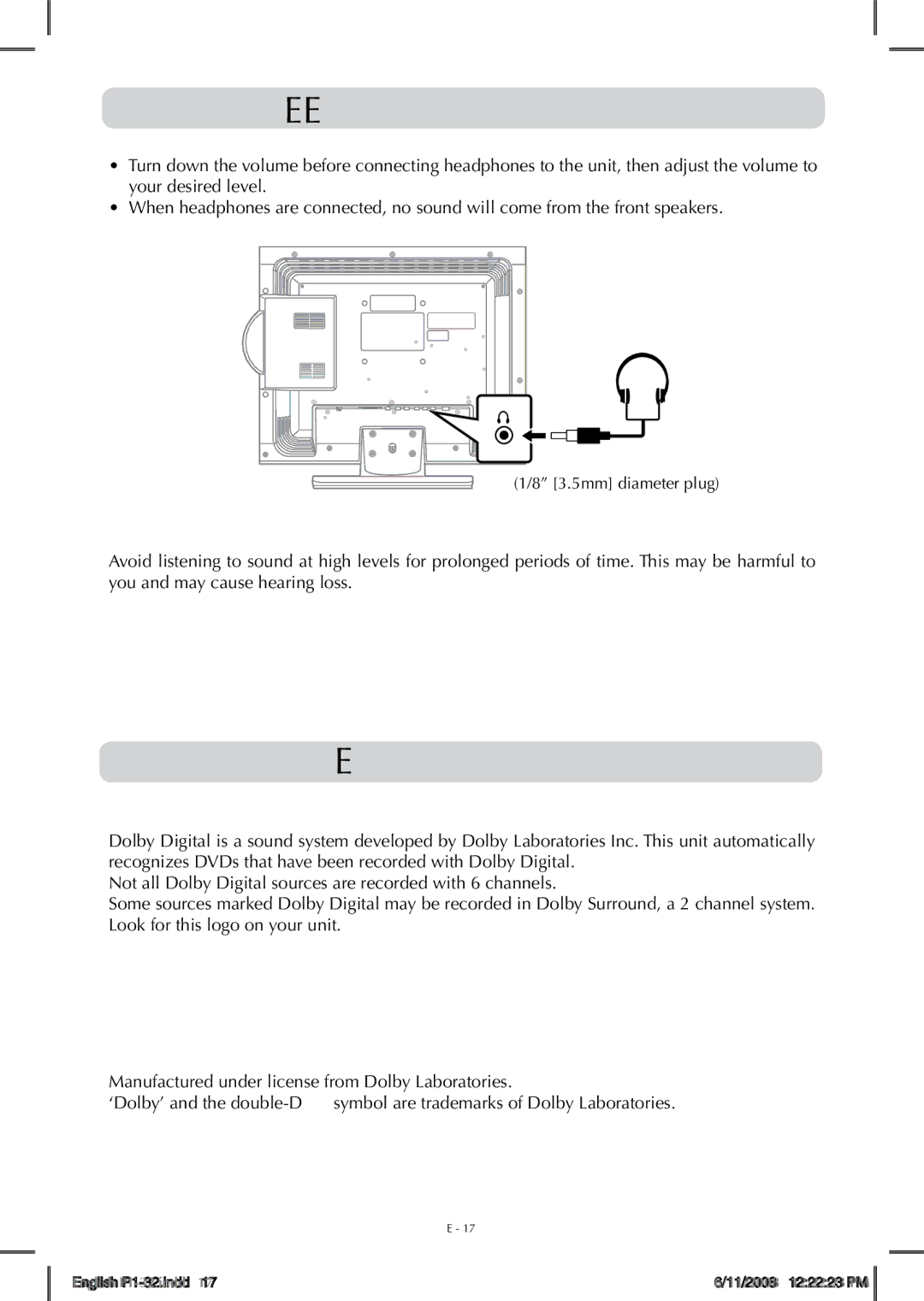 Audiovox FPE-1908DV owner manual Using HEADPHONEs, Sound system, Dolby Digital for DVD 