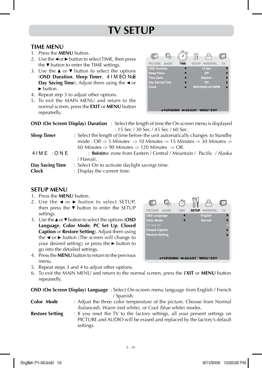 Audiovox FPE-1908DV owner manual Setup Menu, Sleep Timer, Time Zone, Clock 