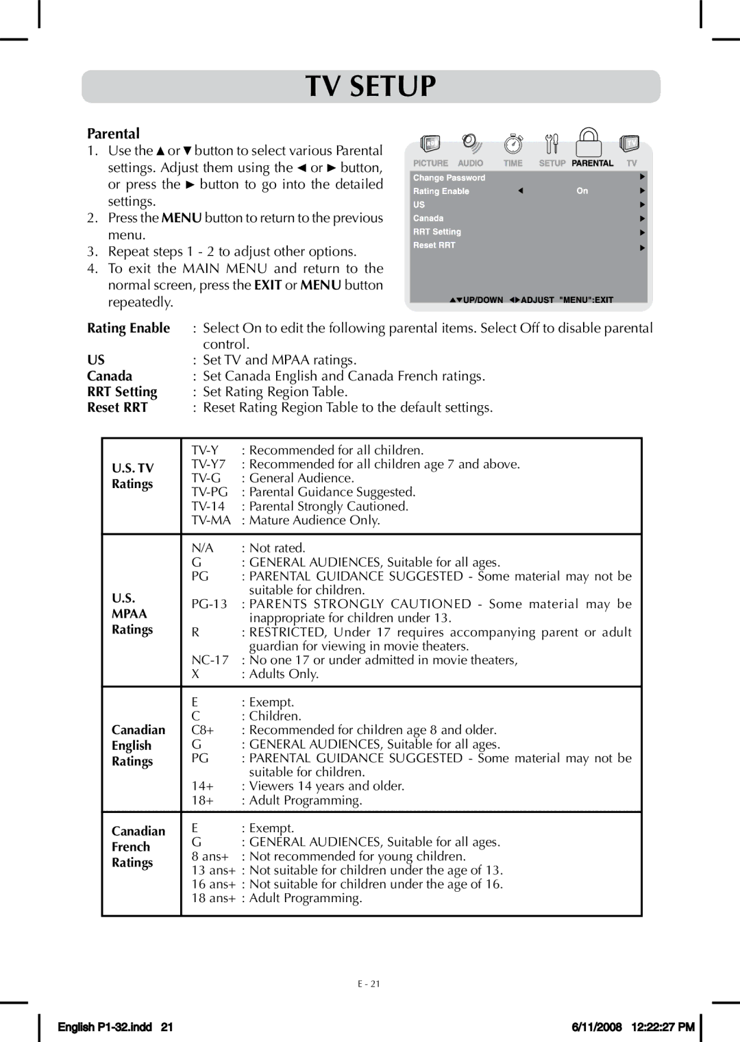 Audiovox FPE-1908DV owner manual Parental, Canada, RRT Setting, Reset RRT 