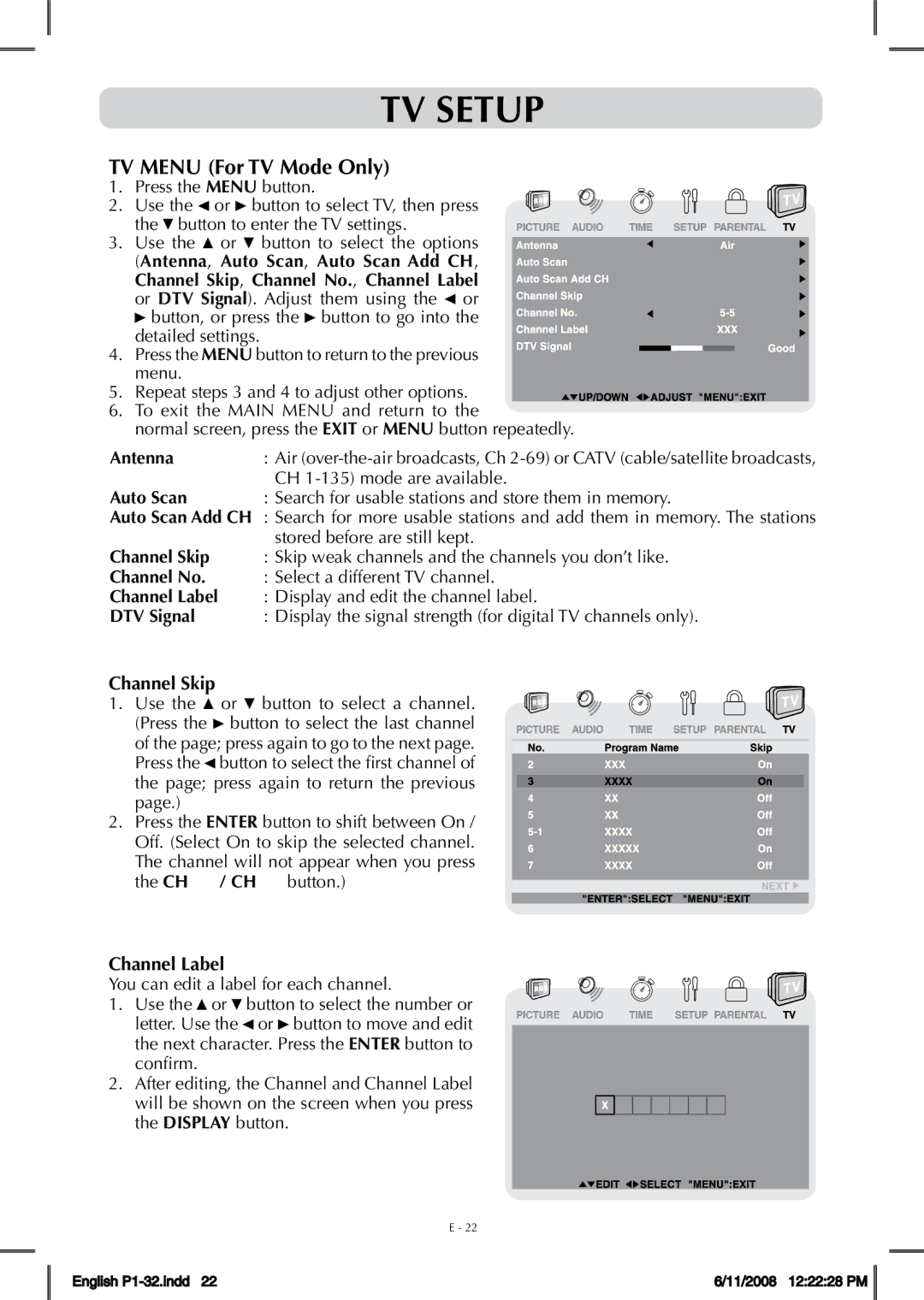 Audiovox FPE-1908DV owner manual TV Menu For TV Mode Only, Channel Skip, Channel Label 