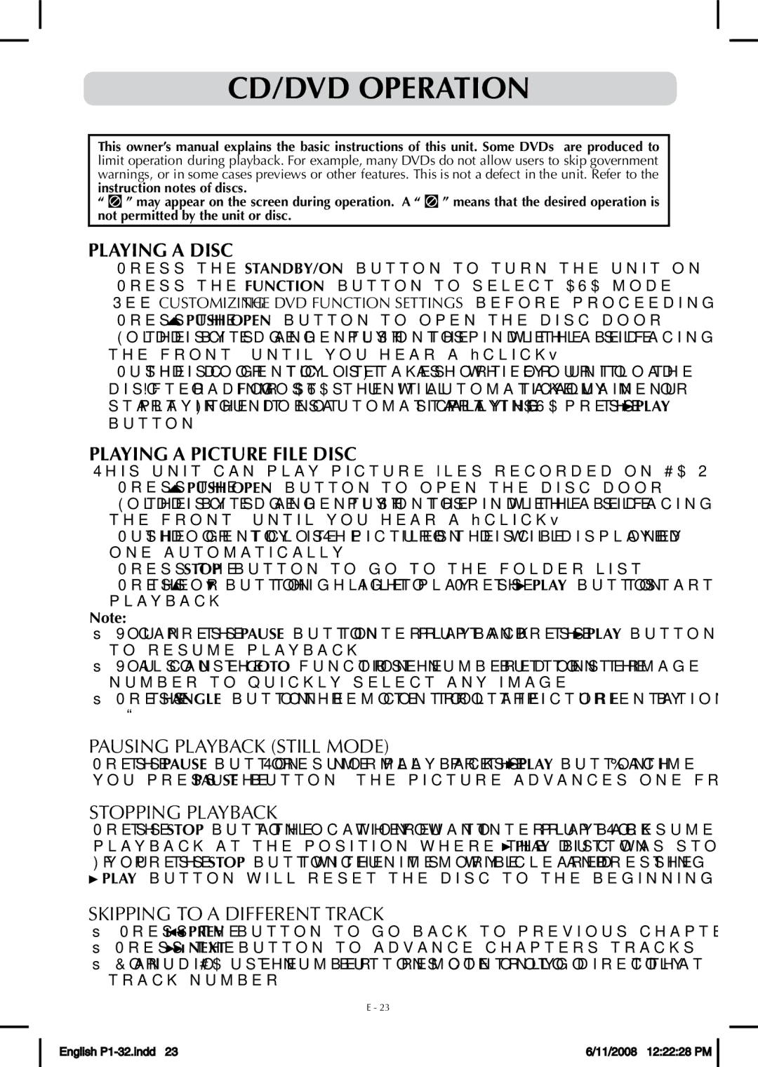 Audiovox FPE-1908DV owner manual CD/DVD Operation, Playing a Disc, Pausing playback still mode, Stopping playback 