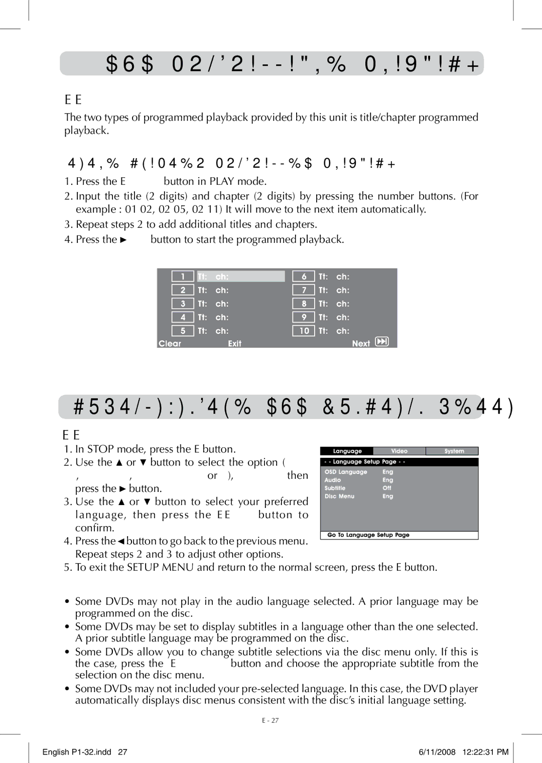 Audiovox FPE-1908DV owner manual DVD Programmable Playback, Customizing the DVD Function Settings, Programmable memory 