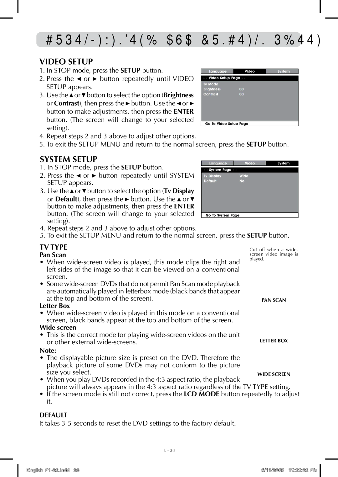 Audiovox FPE-1908DV owner manual TV type, Pan Scan, Letter Box, Wide screen, Default 