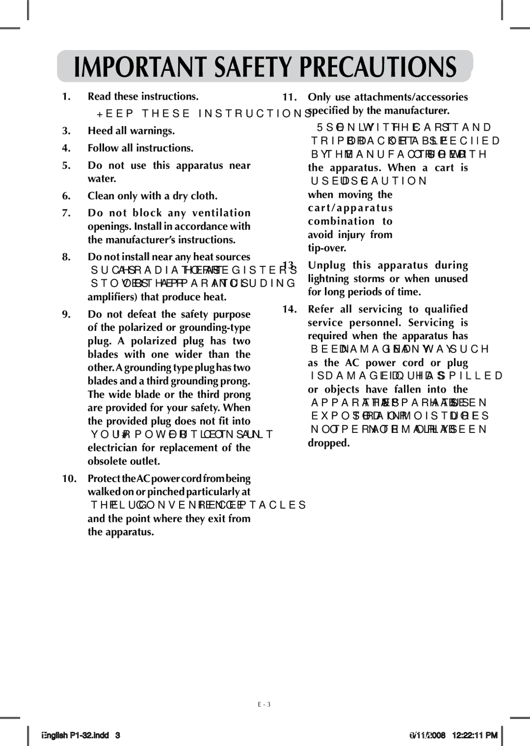 Audiovox FPE-1908DV owner manual Important Safety Precautions 