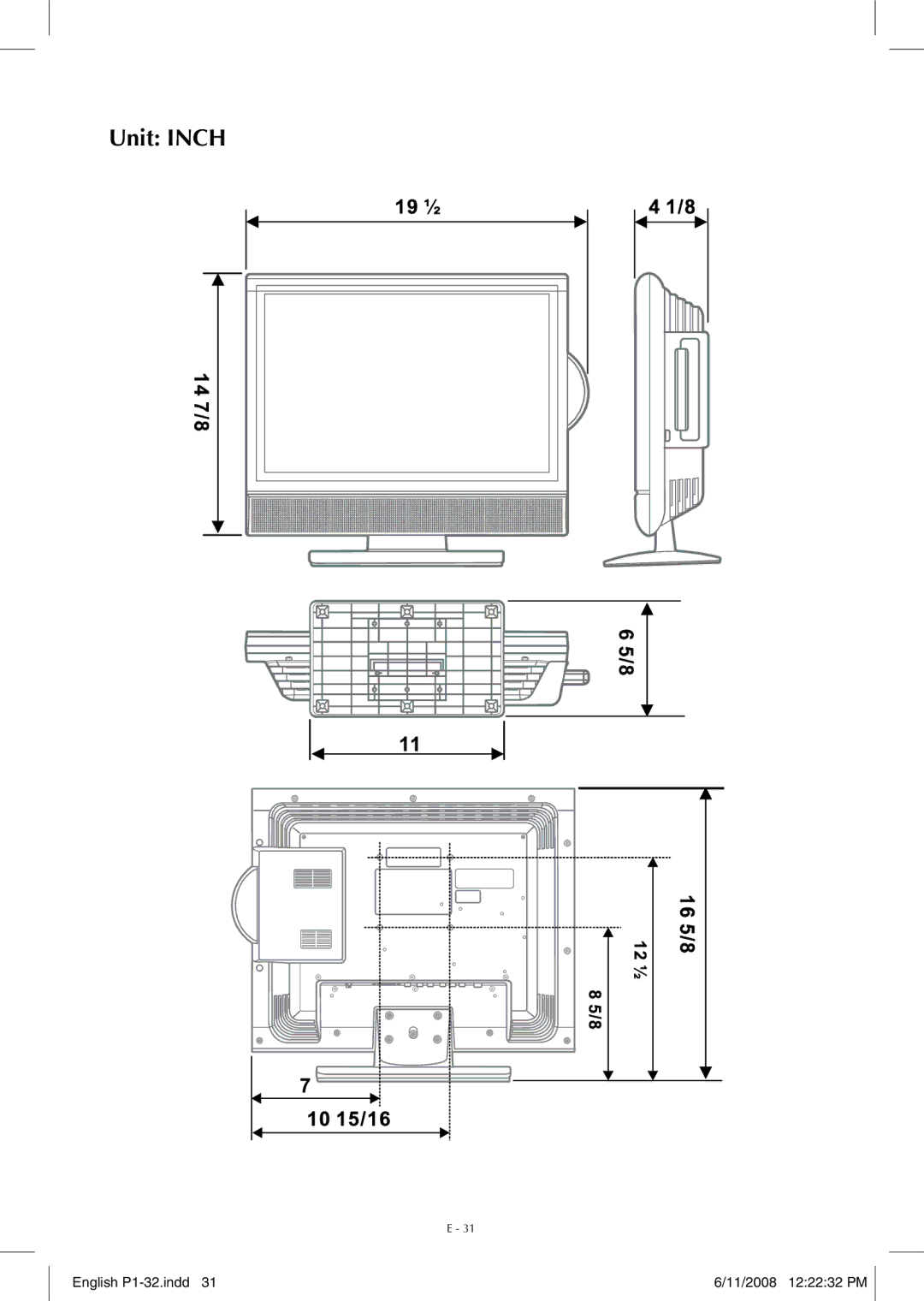 Audiovox FPE-1908DV owner manual Unit Inch 