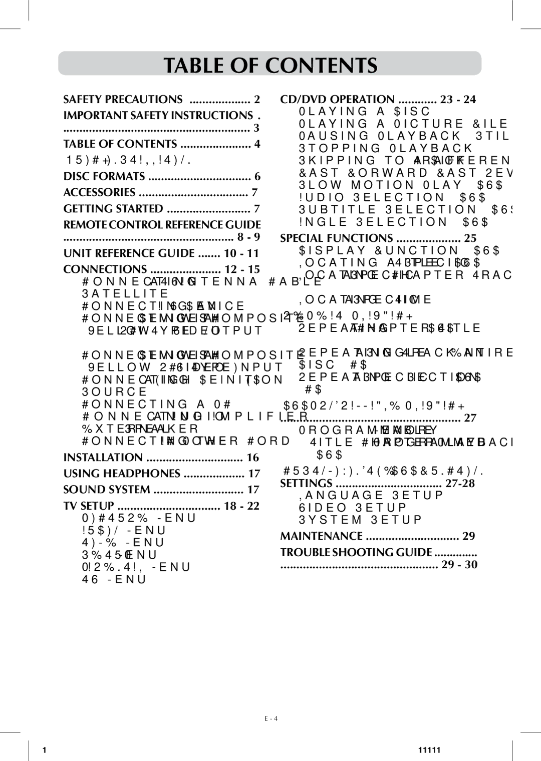 Audiovox FPE-1908DV owner manual Table of Contents 