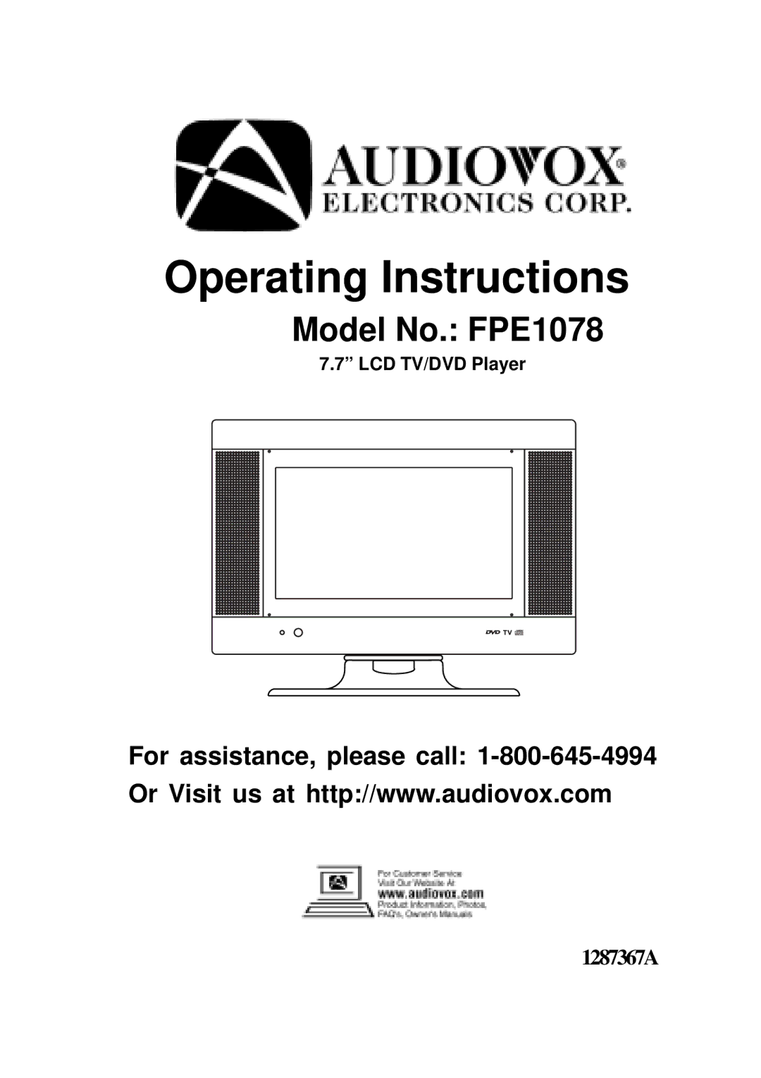 Audiovox FPE1078 manual Operating Instructions 