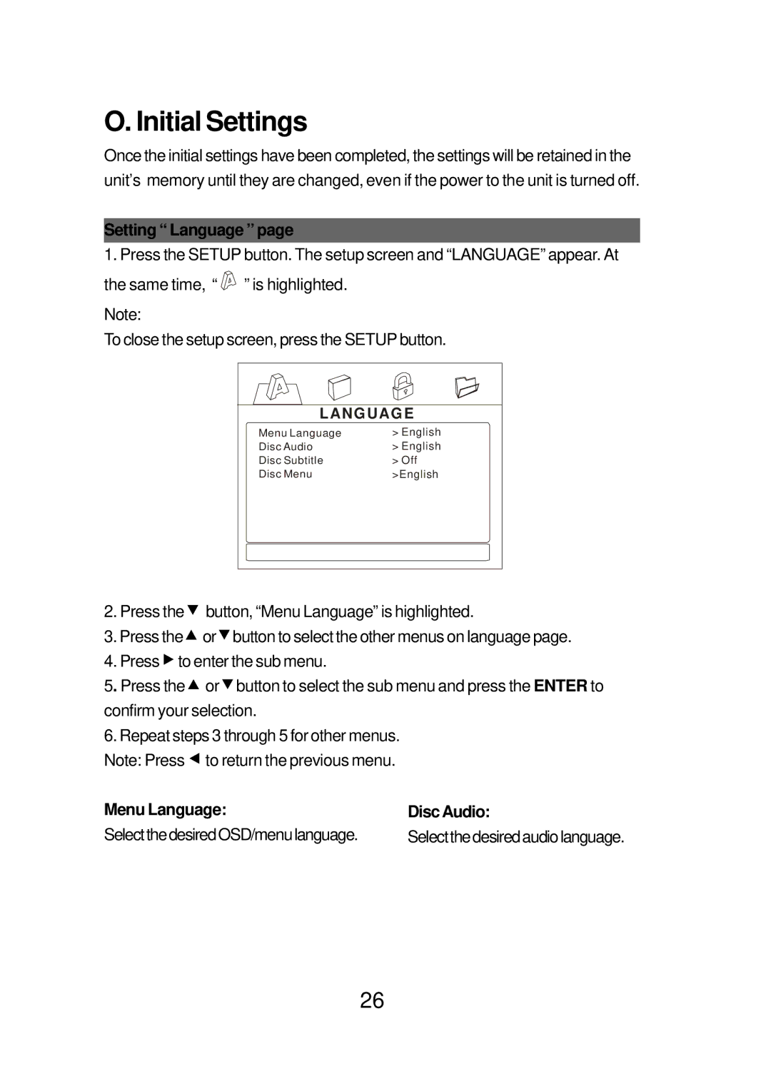 Audiovox FPE1078 manual Initial Settings, Setting Language, Menu Language Disc Audio SelectthedesiredOSD/menulanguage 