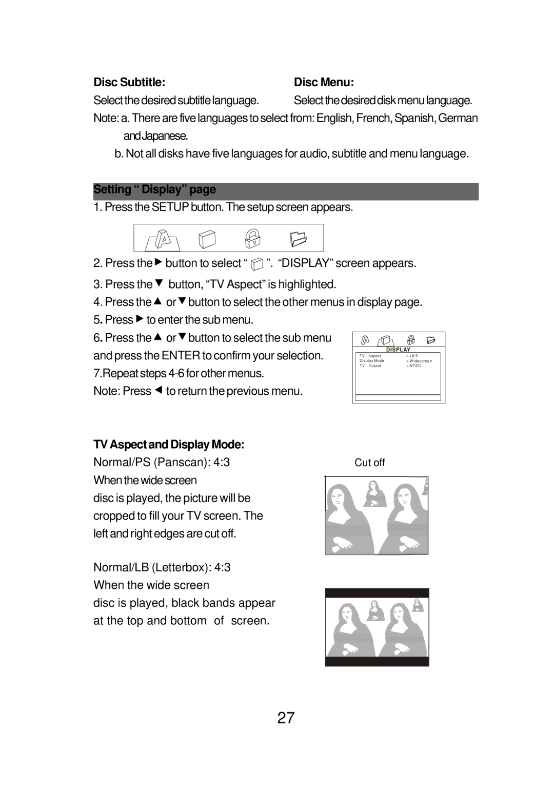 Audiovox FPE1078 manual Disc Subtitle, Setting Display, TV Aspect and Display Mode 