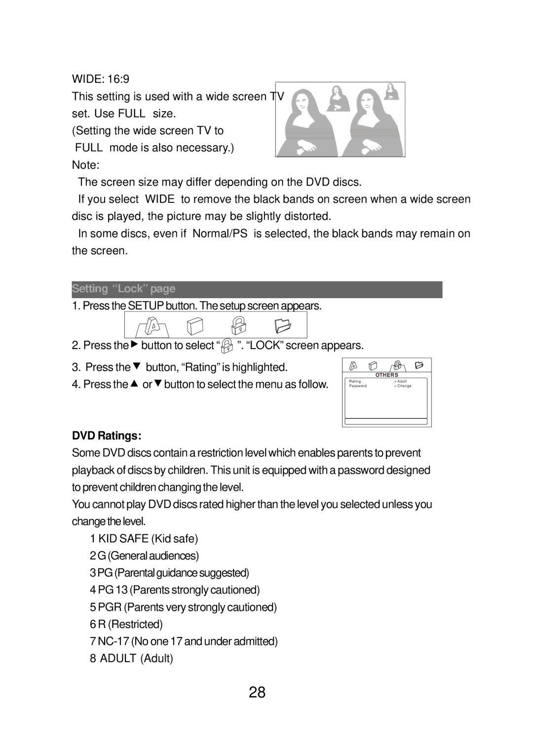 Audiovox FPE1078 manual Setting Lock, DVD Ratings 