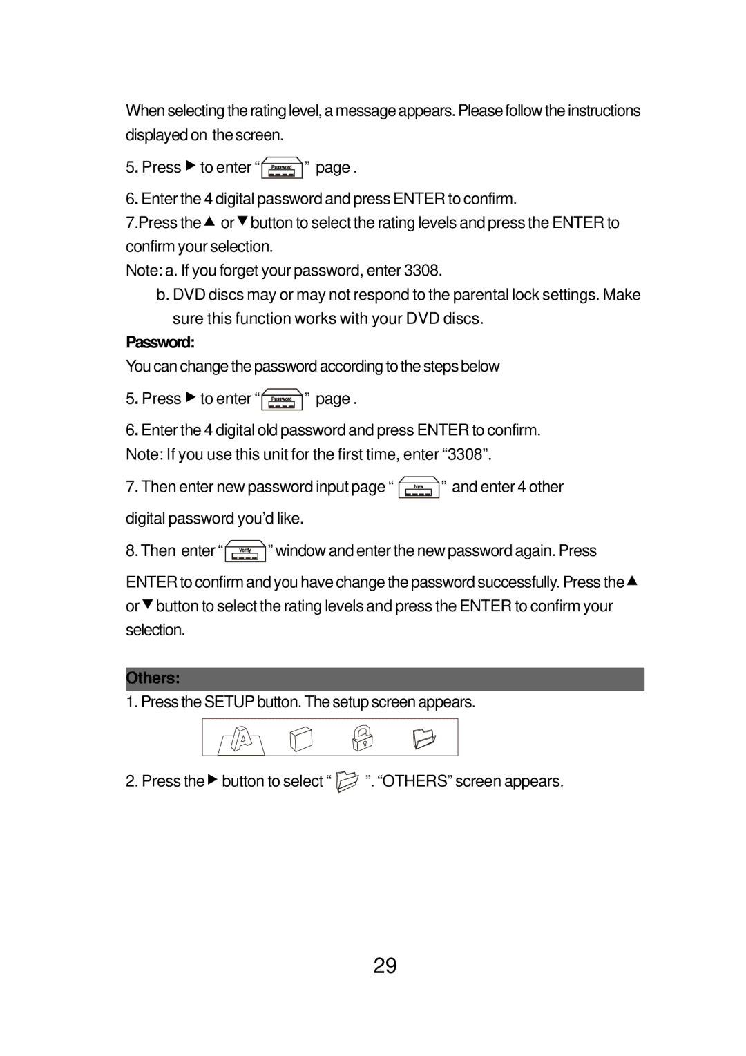 Audiovox FPE1078 manual Password, Others 