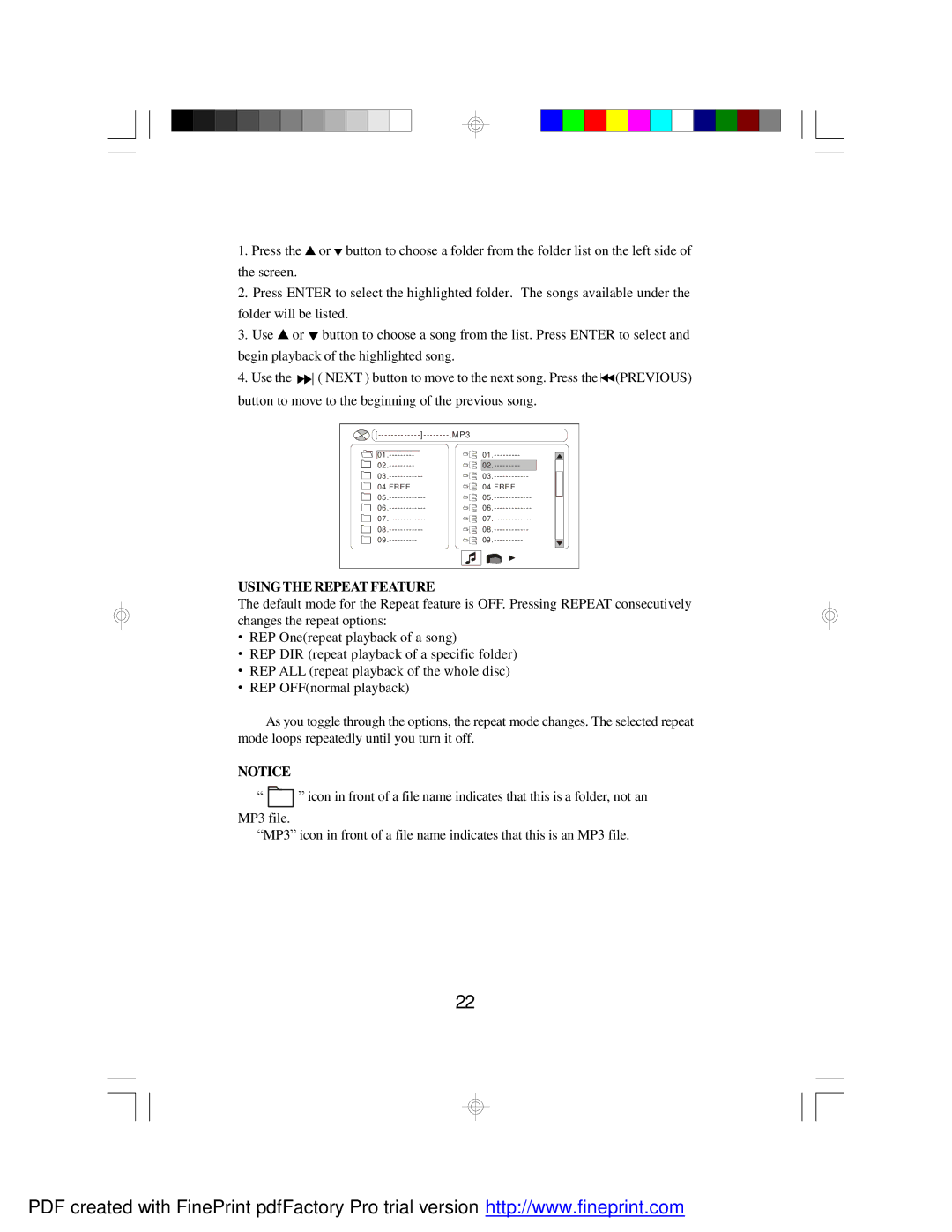 Audiovox FPE1080 manual Usingthe Repeatfeature 