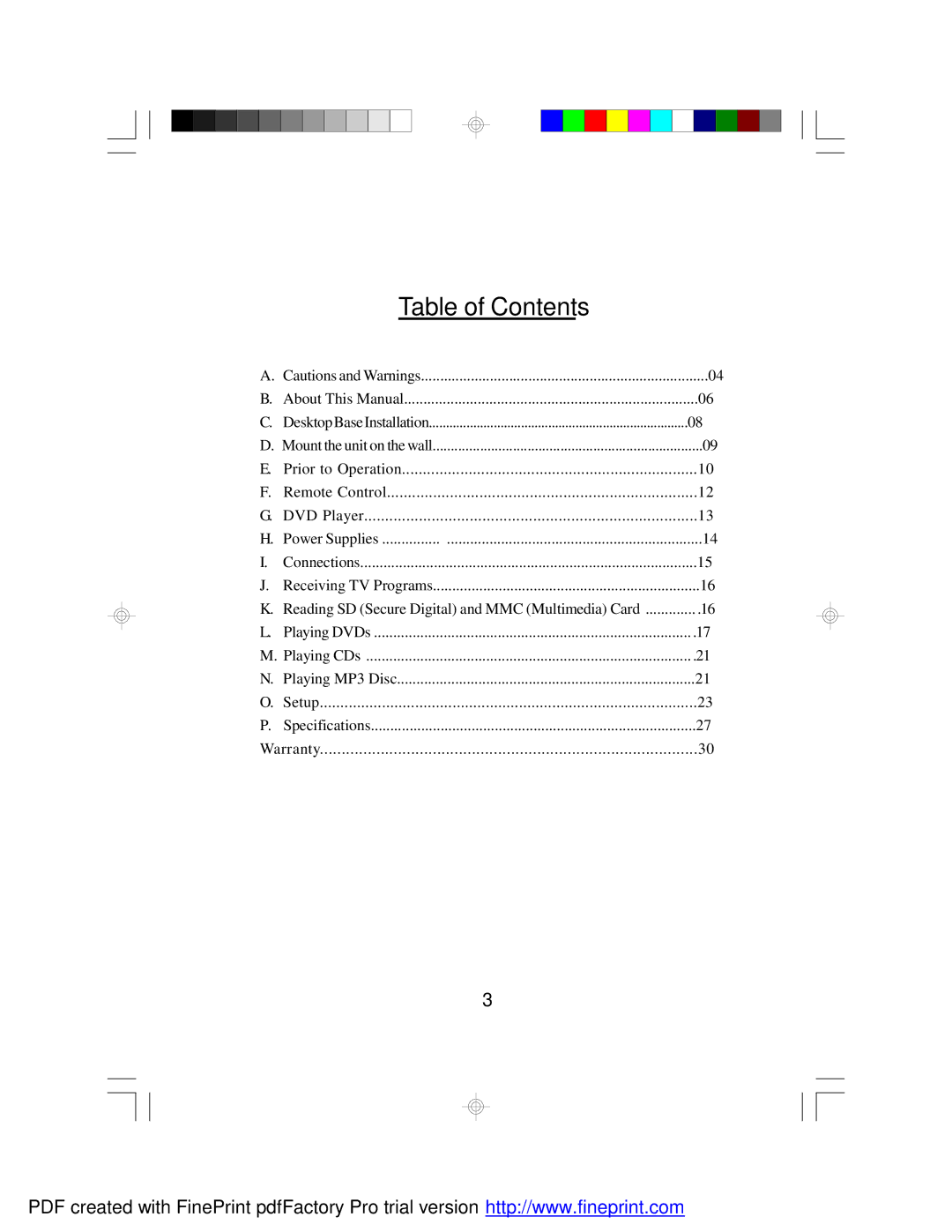 Audiovox FPE1080 manual Table of Contents 