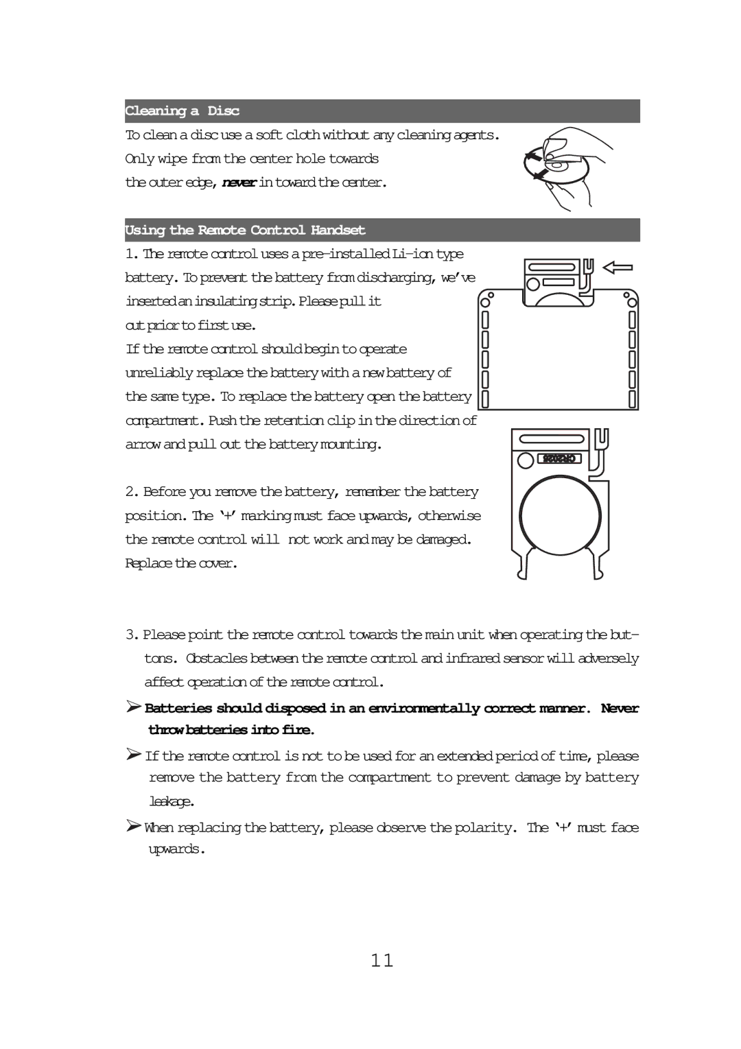 Audiovox FPE1087 operating instructions Cleaning a Disc, Throwbatteriesintofire 