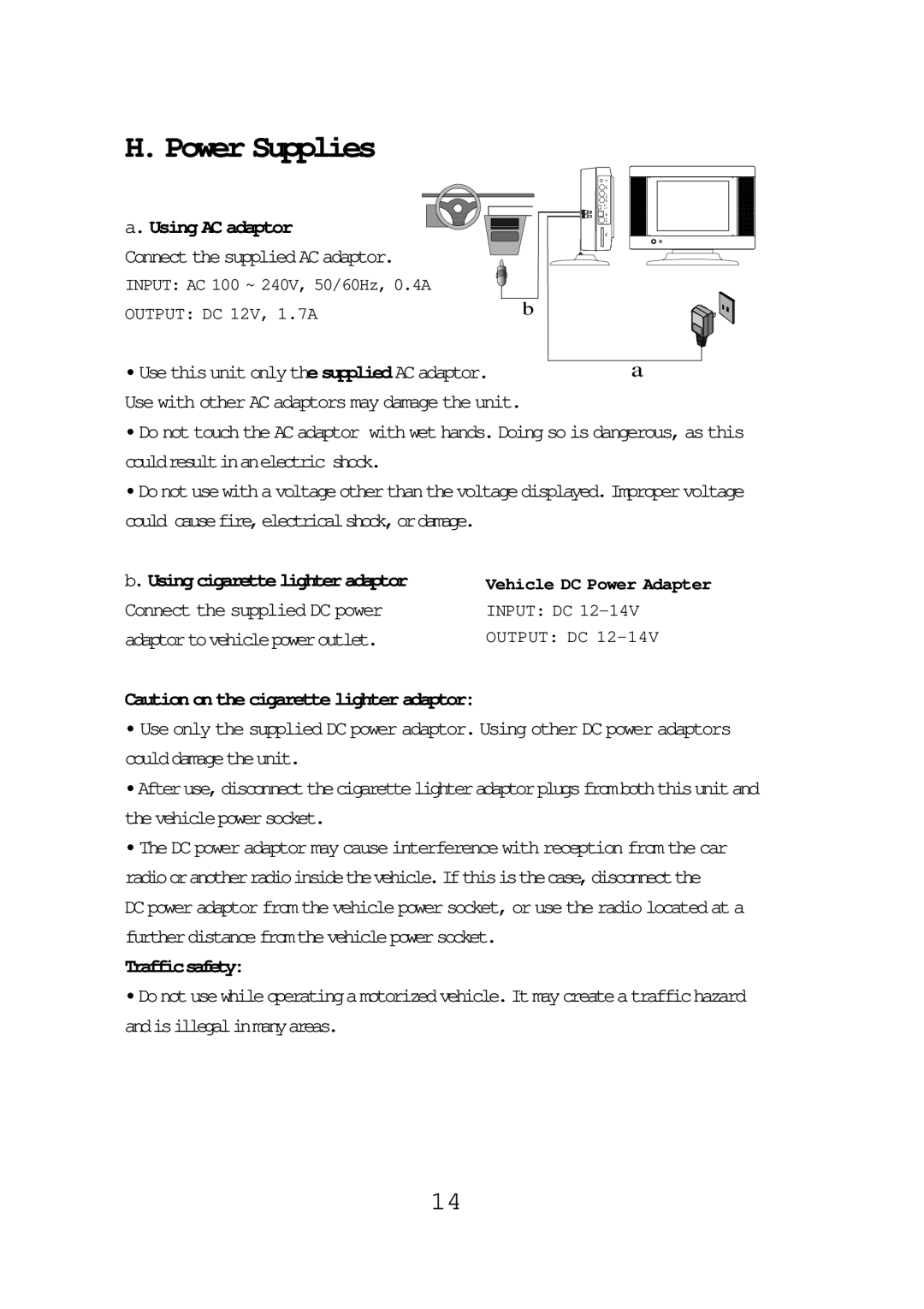 Audiovox FPE1087 Power Supplies, Using AC adaptor, Connect the supplied AC adaptor, Usethisunitonlythesupplied ACadaptor 