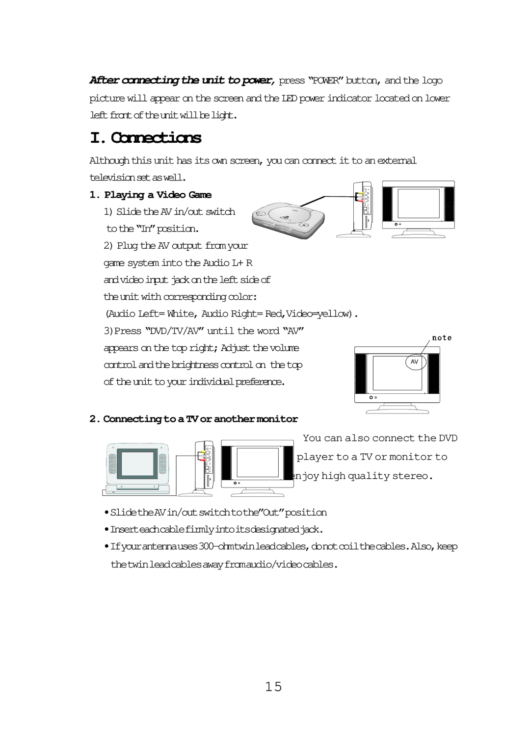 Audiovox FPE1087 operating instructions Connections, Playing a Video Game, Connecting to a TV or another monitor 