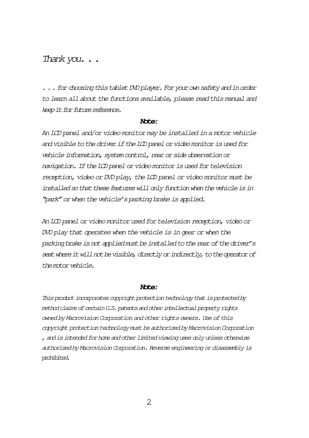 Audiovox FPE1087 operating instructions Thankyou 