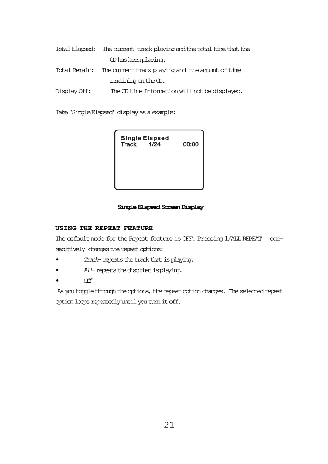 Audiovox FPE1087 operating instructions SingleElapsedScreenDisplay, Using the Repeat Feature 