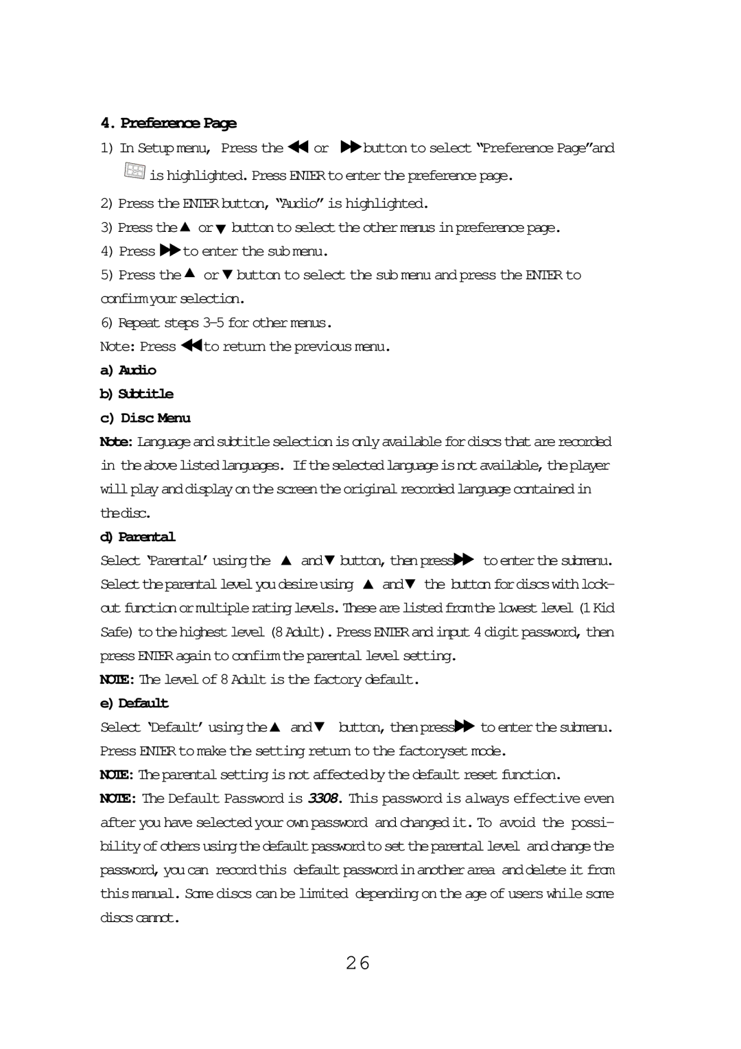 Audiovox FPE1087 operating instructions Preference, Audio Subtitle Disc Menu Parental, Default 