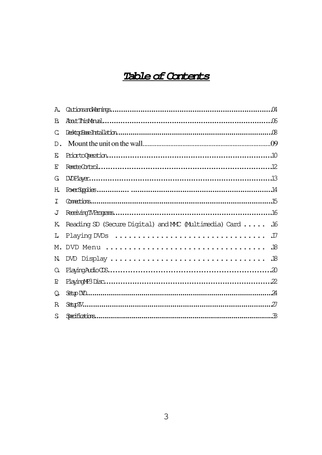 Audiovox FPE1087 operating instructions TableofContents 