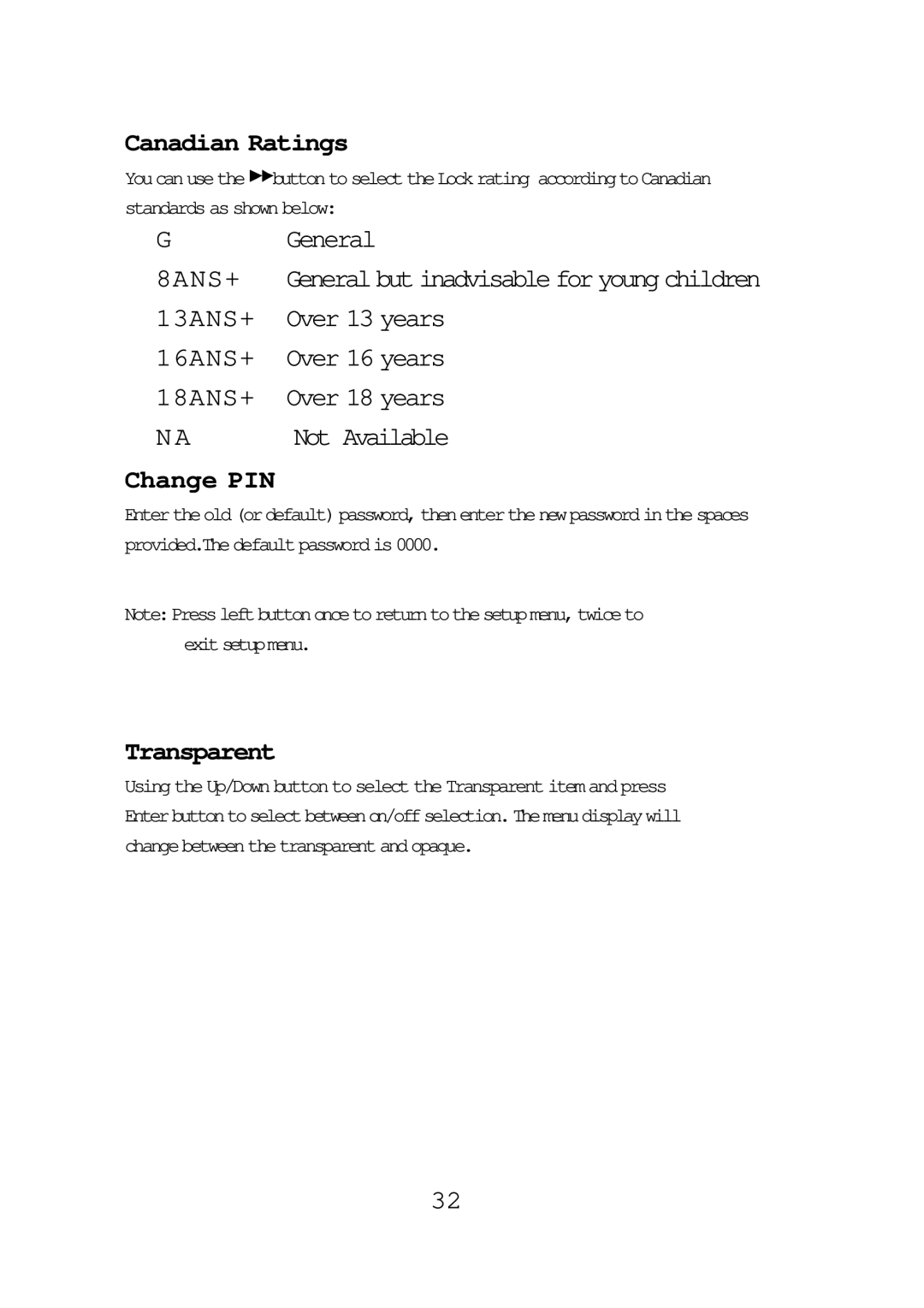 Audiovox FPE1087 operating instructions Change PIN, Transparent 