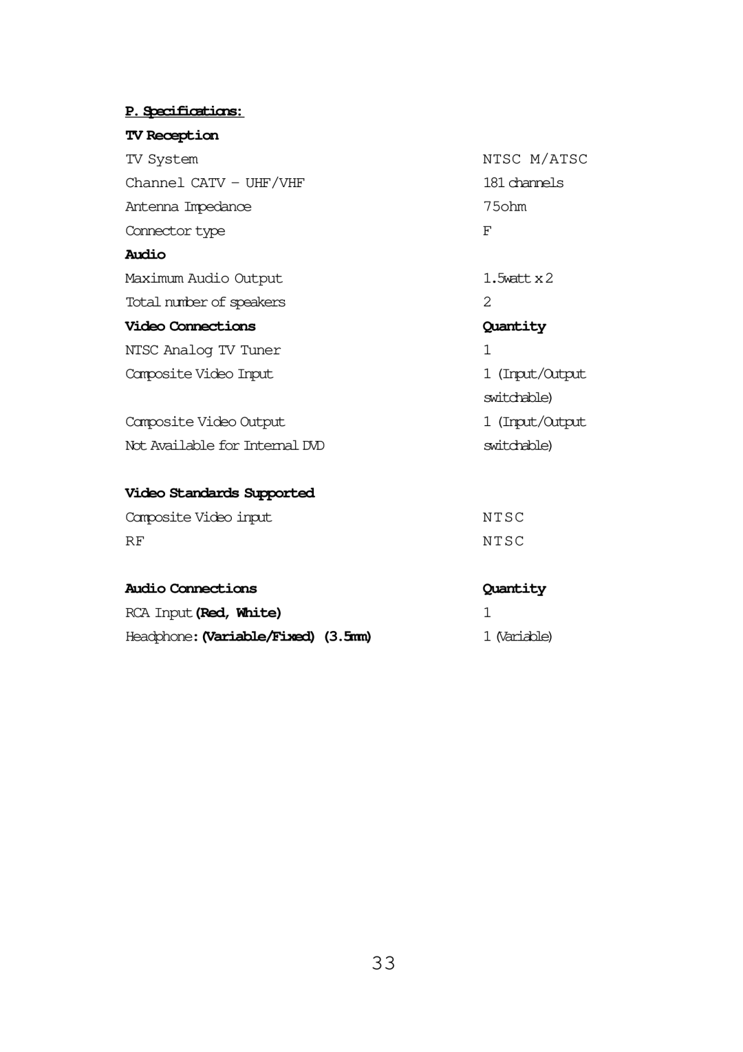 Audiovox FPE1087 Specifications TV Reception, Audio, Video Connections Quantity, Video Standards Supported 