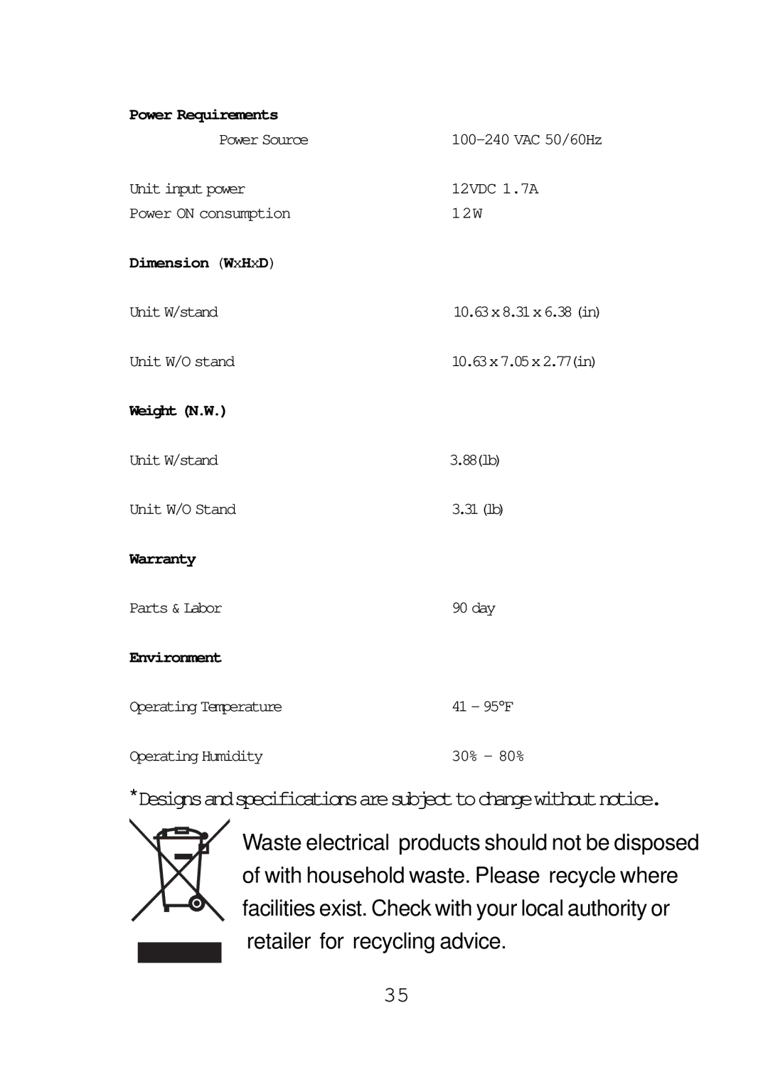 Audiovox FPE1087 operating instructions Power Requirements, Dimension WxHxD, Weight N.W, Warranty, Environment 