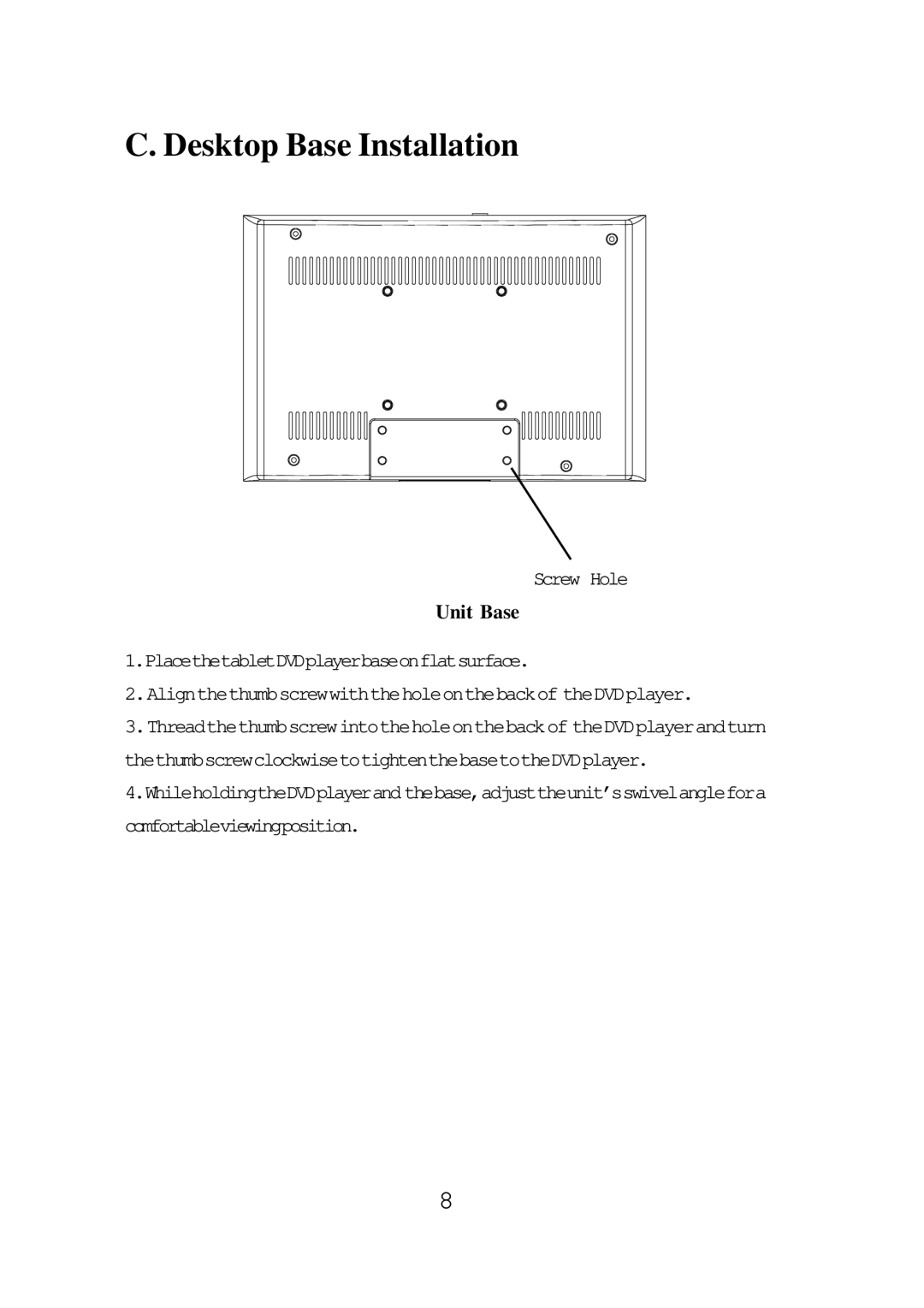 Audiovox FPE1087 operating instructions Desktop Base Installation, Screw Hole 