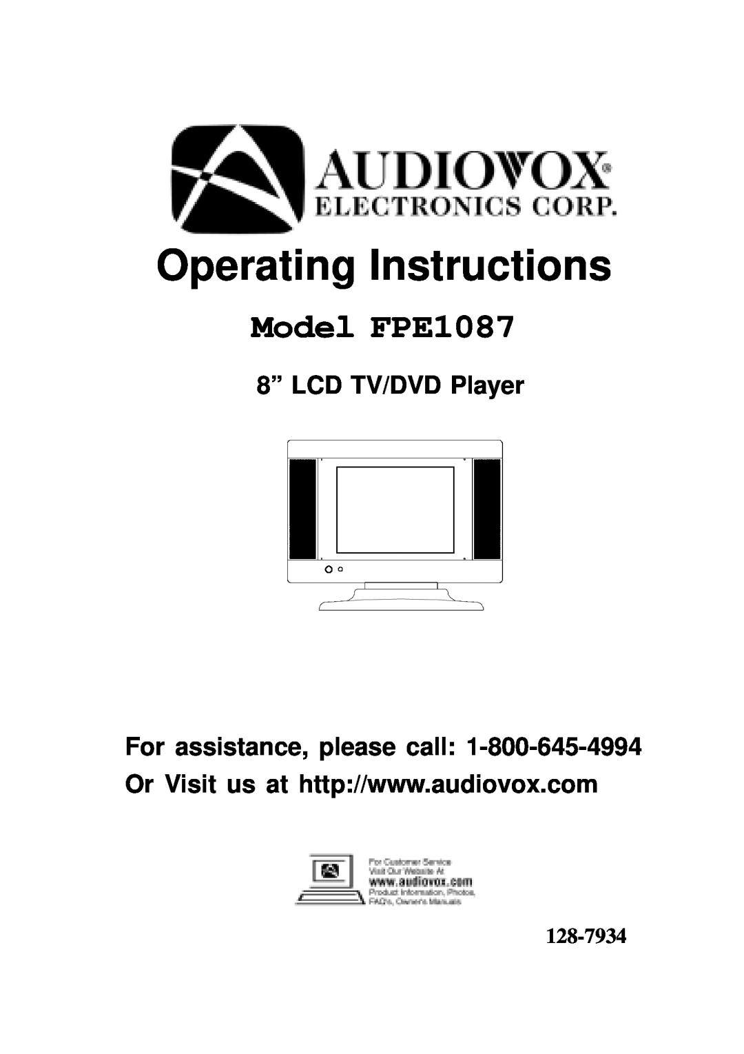 Audiovox operating instructions Operating Instructions, Model FPE1087, 8” LCD TV/DVD Player, 128-7934 