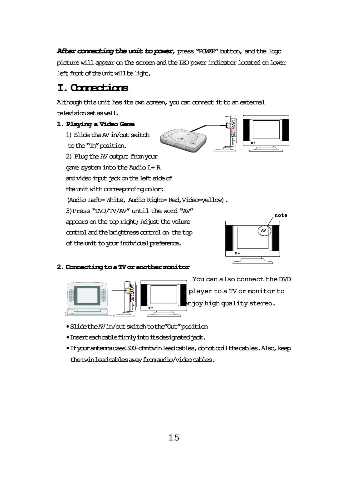 Audiovox FPE1087 operating instructions I.Connections, Playing a Video Game, Connecting to a TV or another monitor 