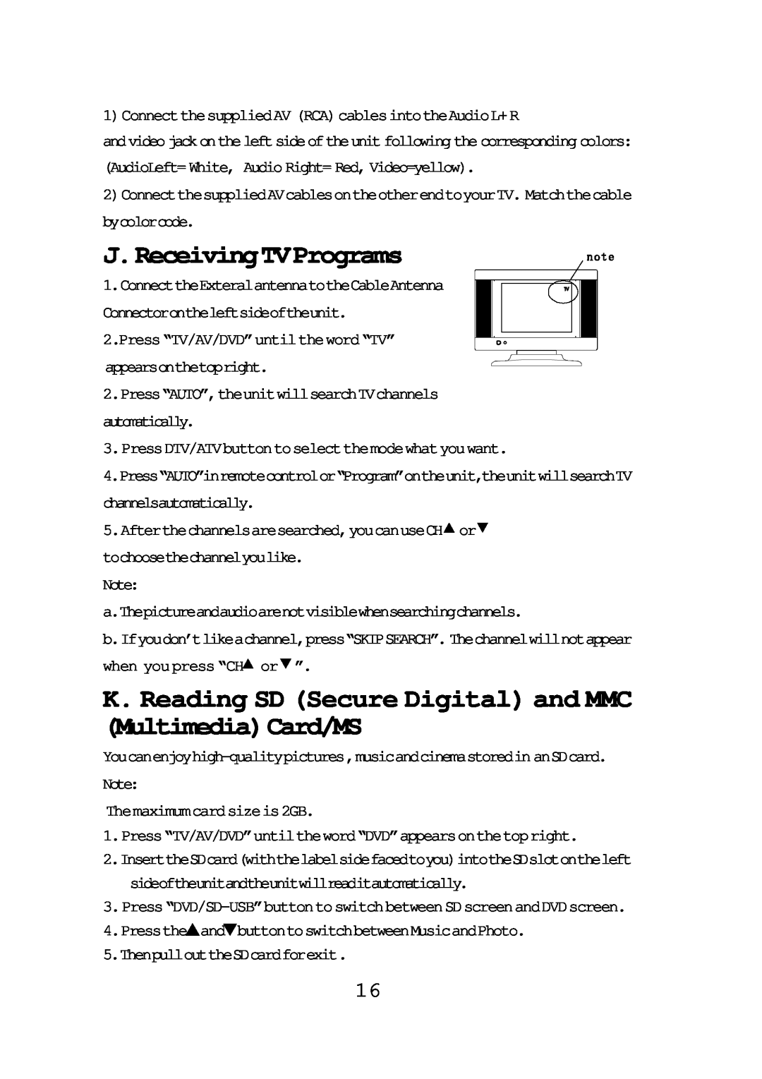 Audiovox FPE1087 operating instructions J.ReceivingTVPrograms, K. Reading SD Secure Digital and MMC MultimediaCard/MS 