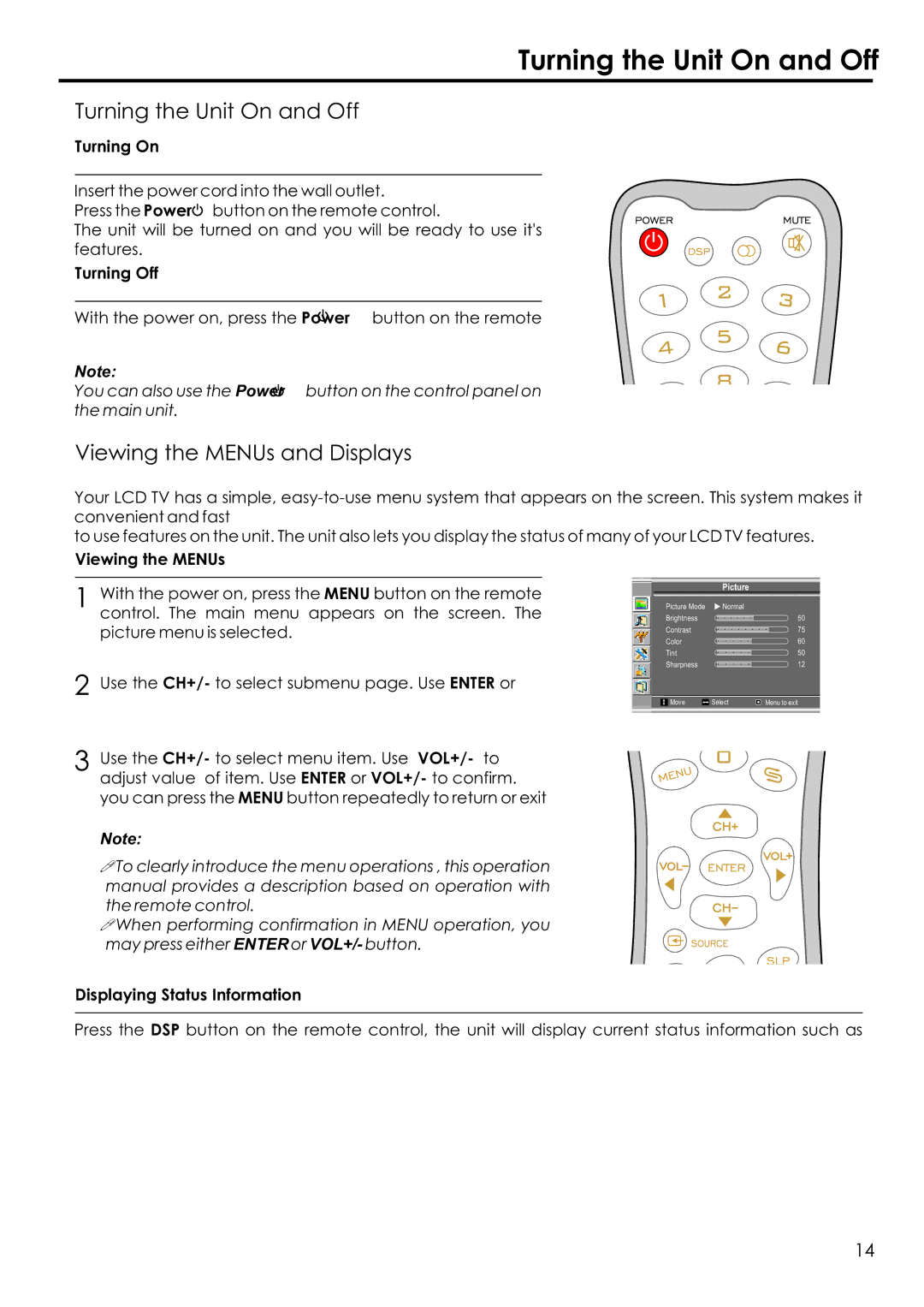 Audiovox FPE1506 manual Turning the Unit On and Off, Viewing the MENUs and Displays 