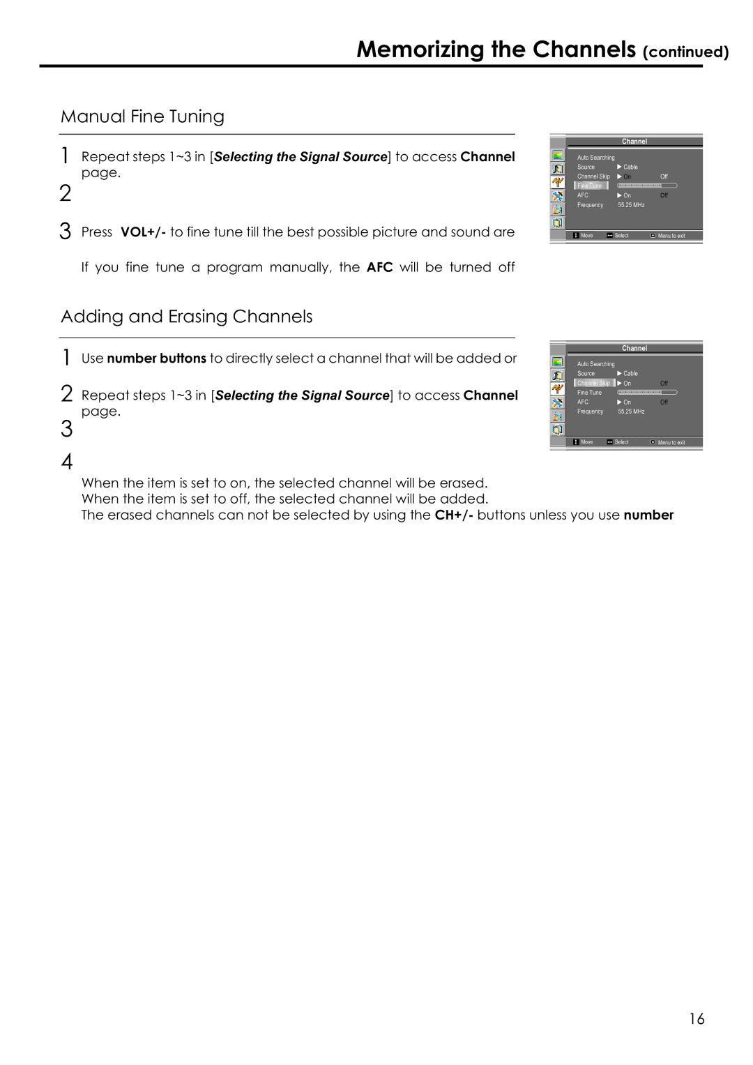 Audiovox FPE1506 manual Manual Fine Tuning, Adding and Erasing Channels 