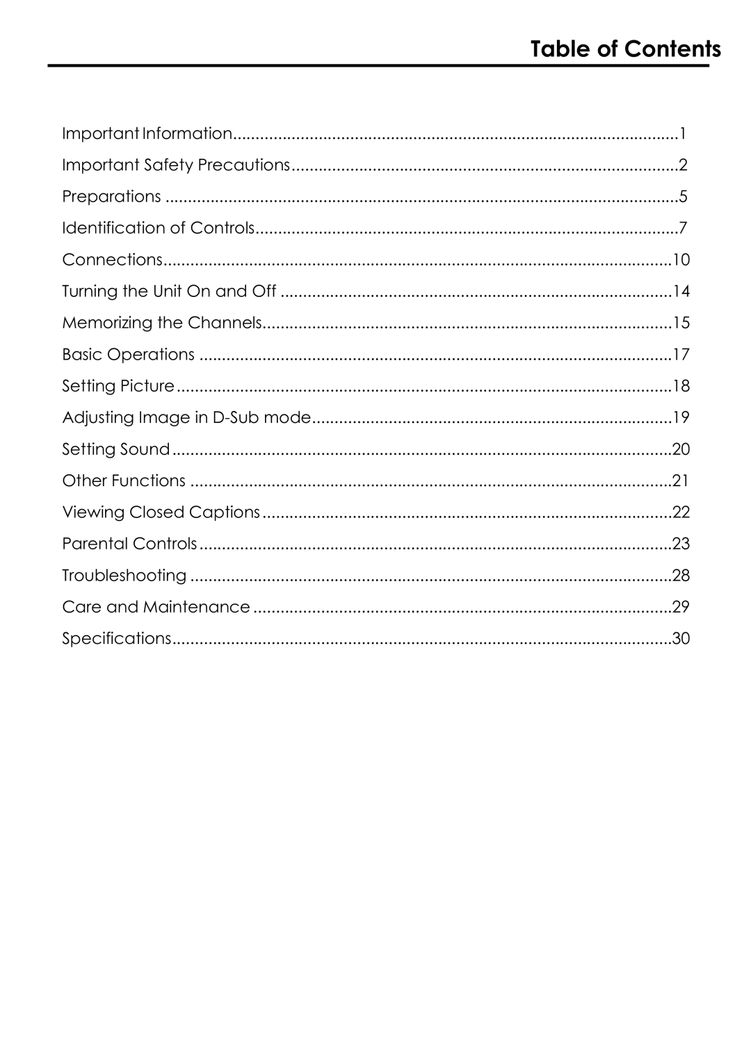 Audiovox FPE1506 manual Table of Contents 