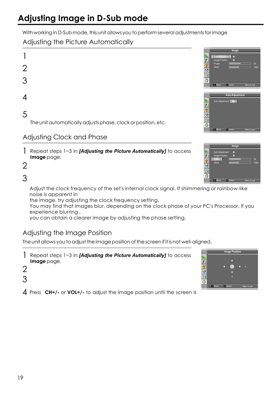 Audiovox FPE1506 manual Adjusting Image in D-Sub mode, Adjusting the Picture Automatically, Adjusting Clock and Phase 