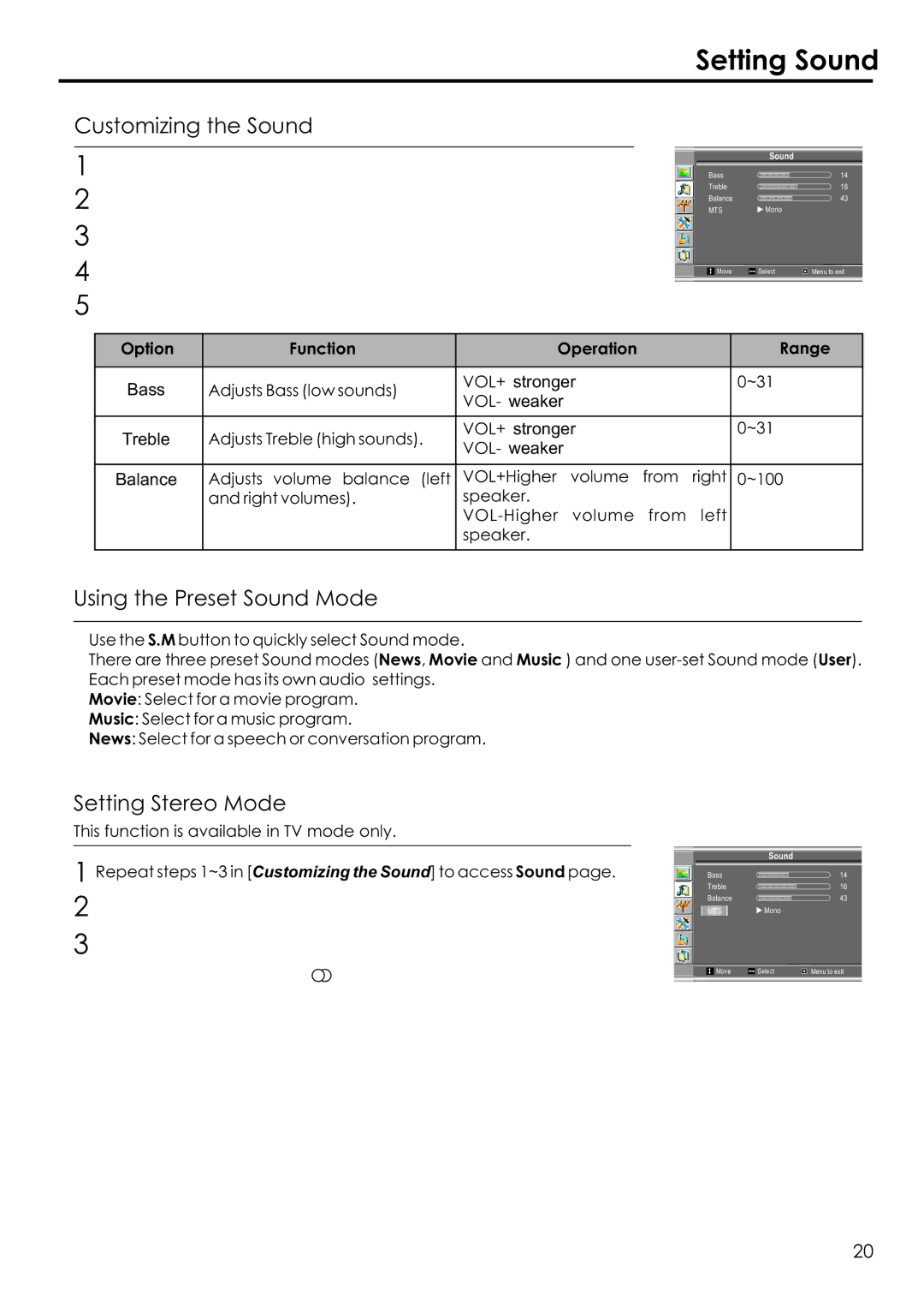 Audiovox FPE1506 manual Setting Sound, Customizing the Sound, Using the Preset Sound Mode, Setting Stereo Mode 