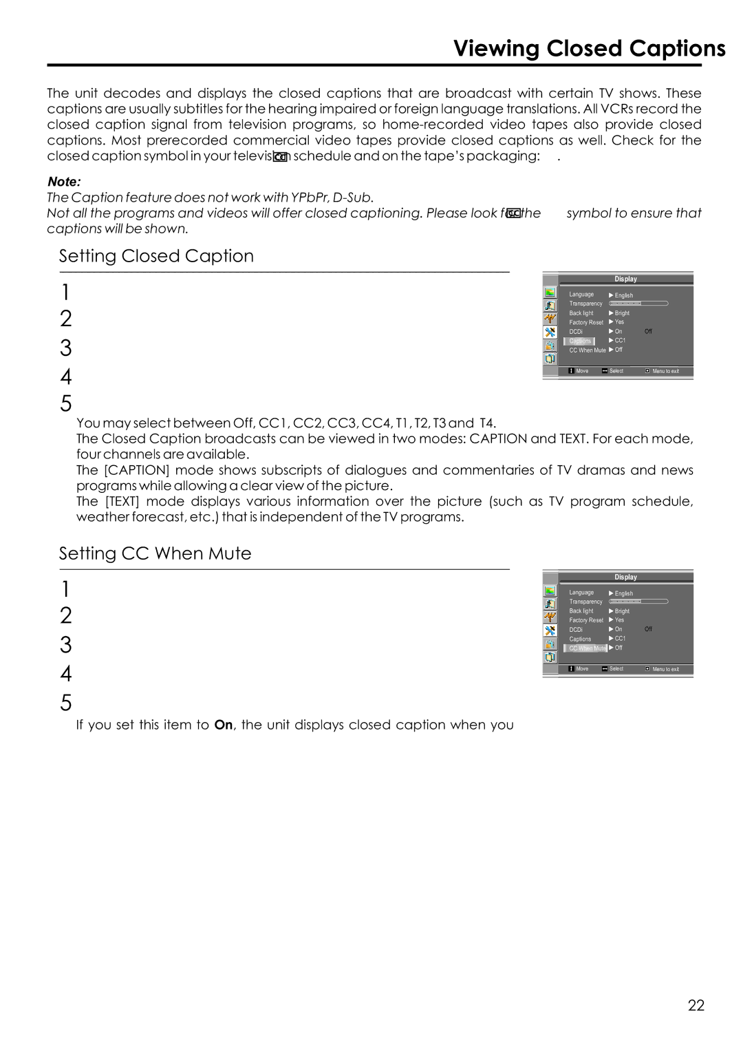 Audiovox FPE1506 manual Viewing Closed Captions, Setting Closed Caption, Setting CC When Mute 